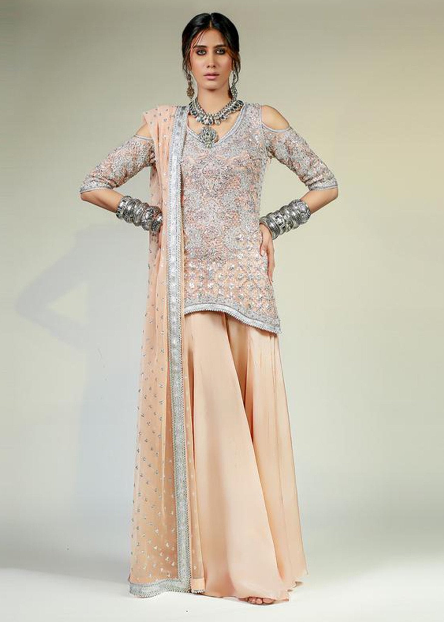Salmon Pink Cold Shoulder Top with Dhaka Pyjama and Dupatta