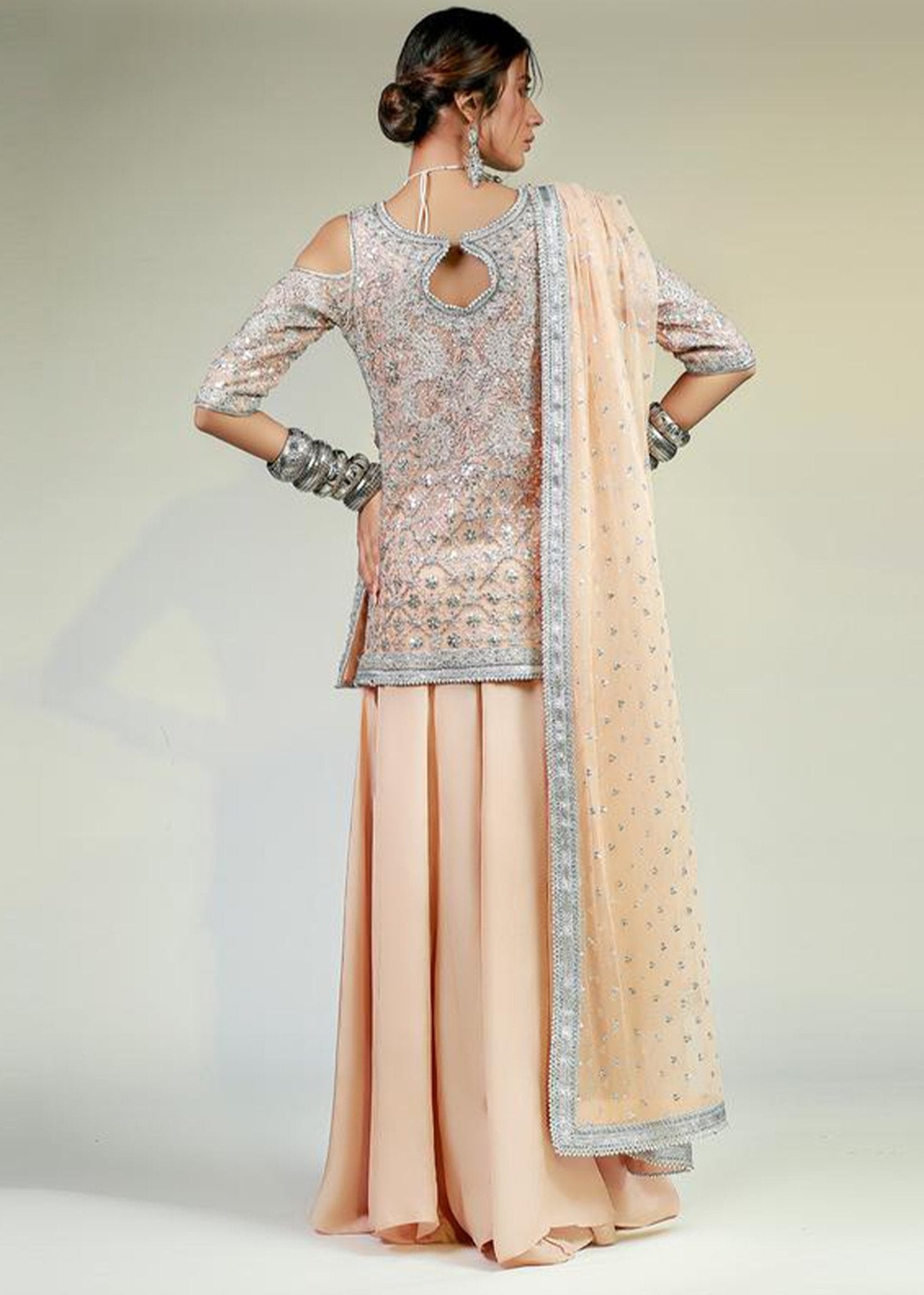 Salmon Pink Cold Shoulder Top with Dhaka Pyjama and Dupatta - Rizwan Beyg Design