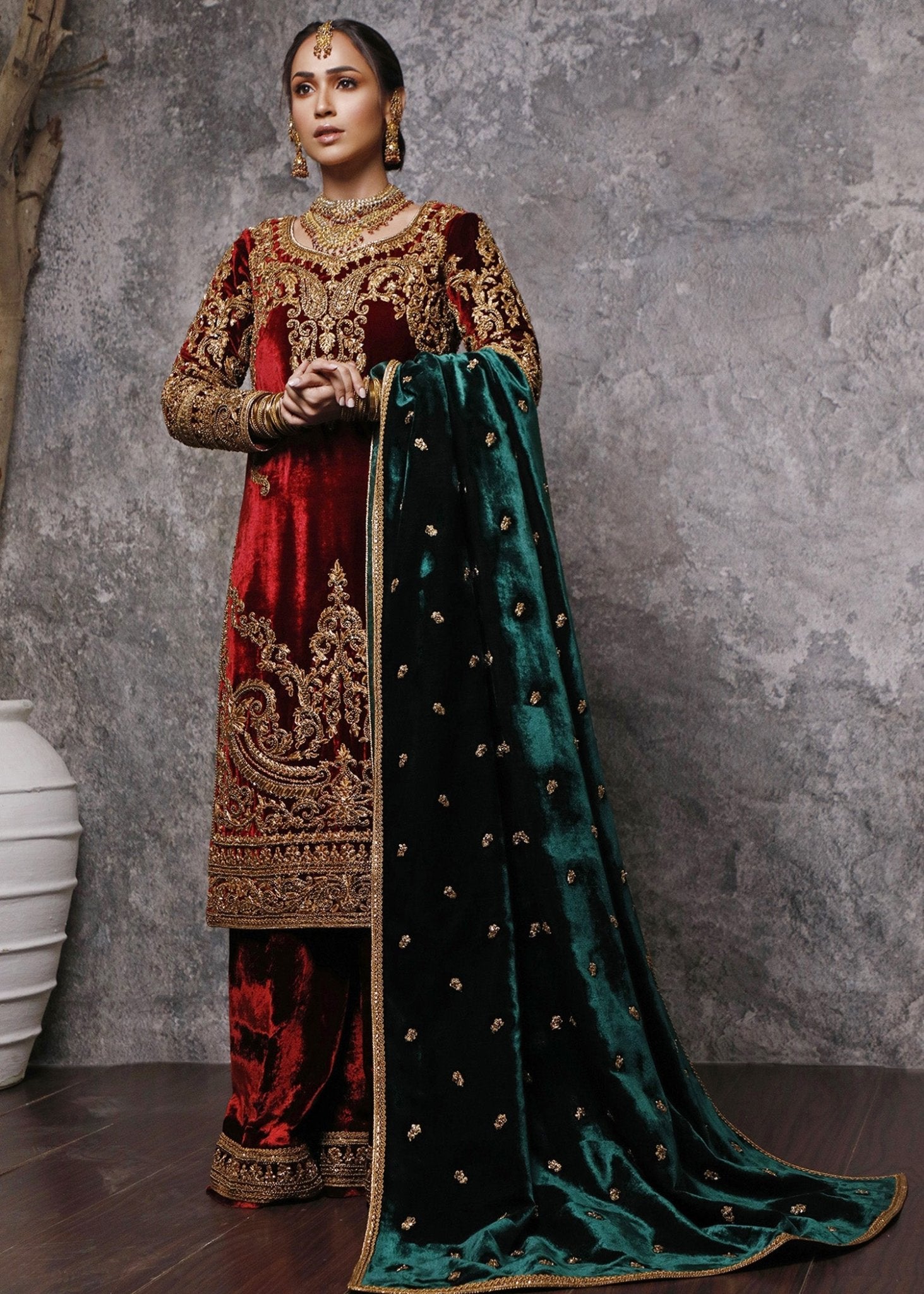 Shahbano Gold Dori Embroidered Red Velvet Long Shirt - Rizwan Beyg Design