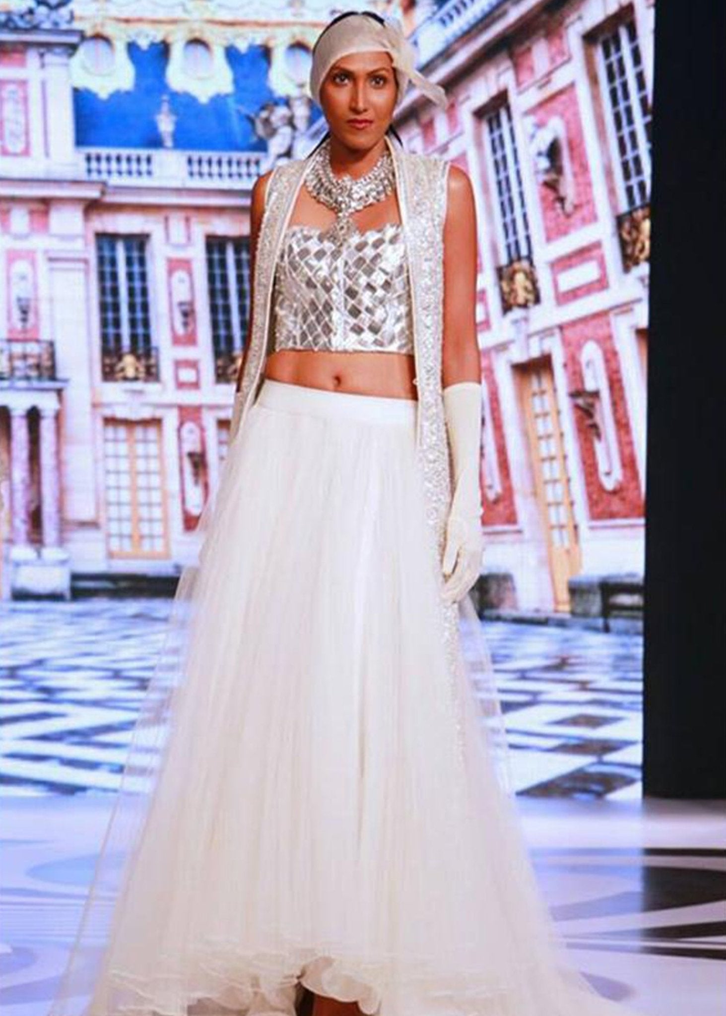 Silver Bustier with Pleated Skirt - Rizwan Beyg Design