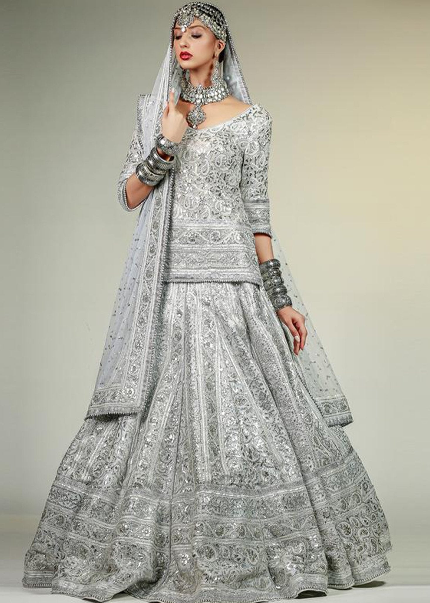 Sky Blue Lehenga, Choli and Dupatta embellished with Silver Gota - work - Rizwan Beyg Design