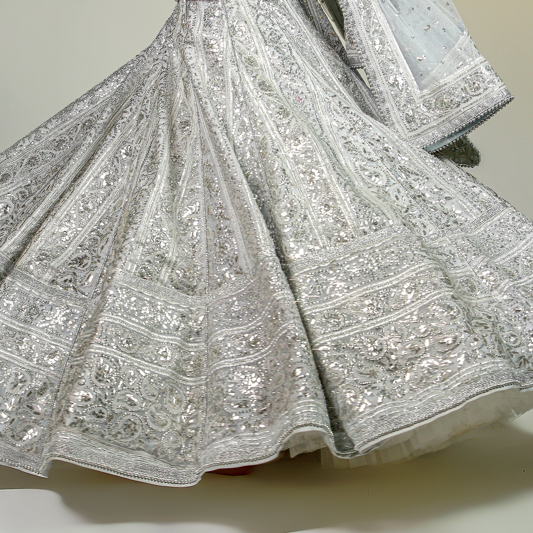 Sky Blue Lehenga, Choli and Dupatta embellished with Silver Gota - work - Rizwan Beyg Design