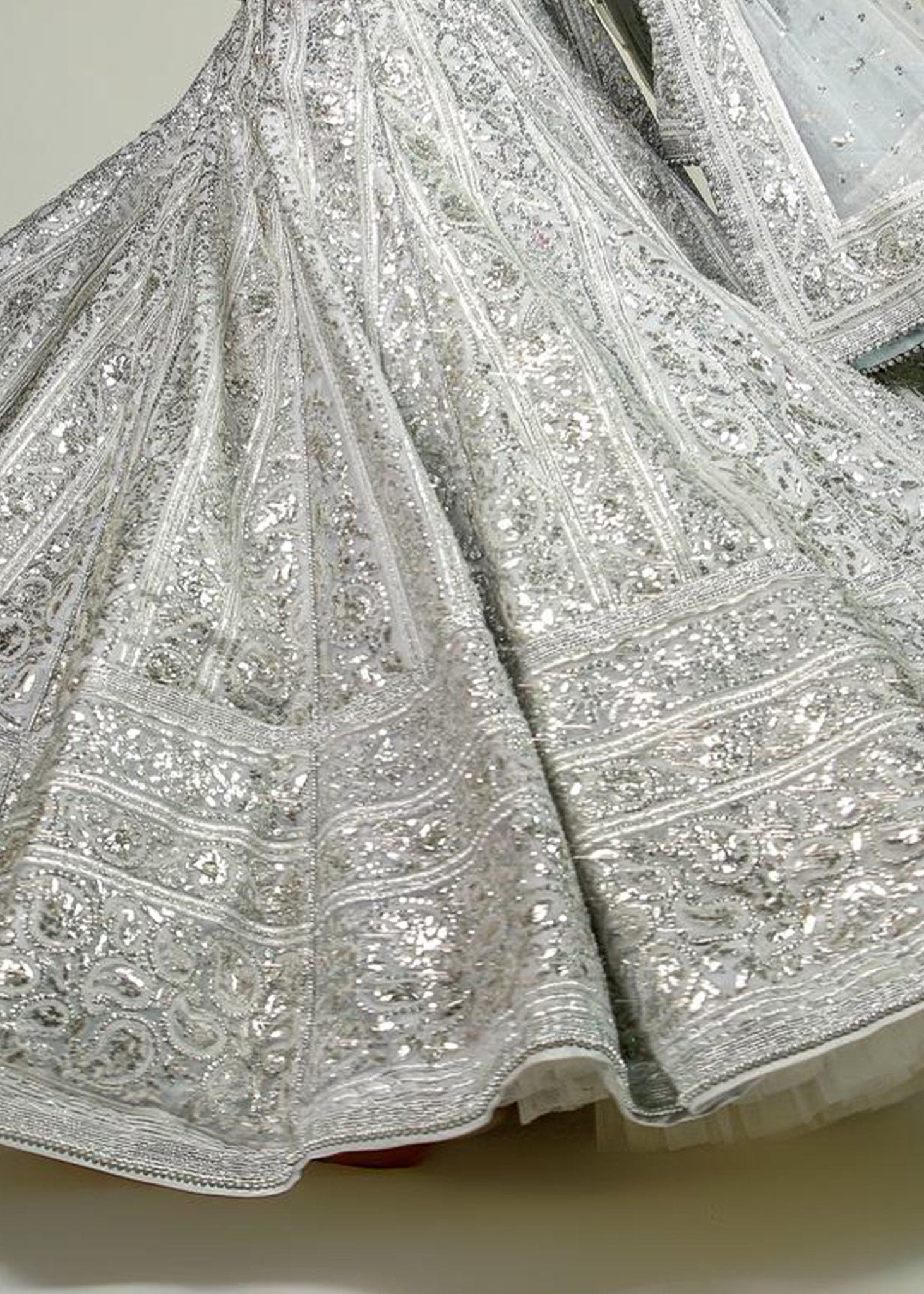 Sky Blue Lehenga, Choli and Dupatta embellished with Silver Gota - work - Rizwan Beyg Design