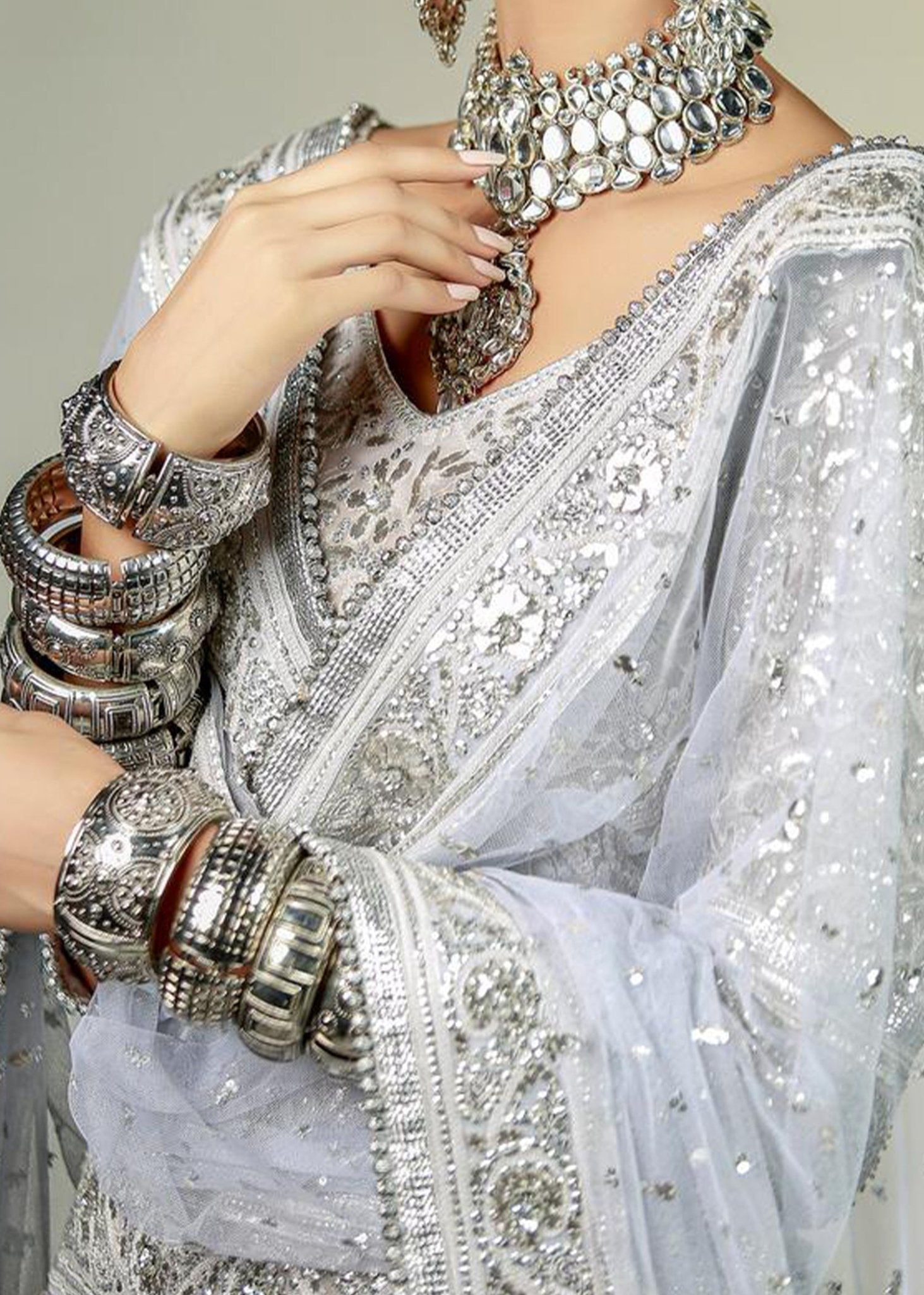 Sky Blue Lehenga, Choli and Dupatta embellished with Silver Gota - work - Rizwan Beyg Design