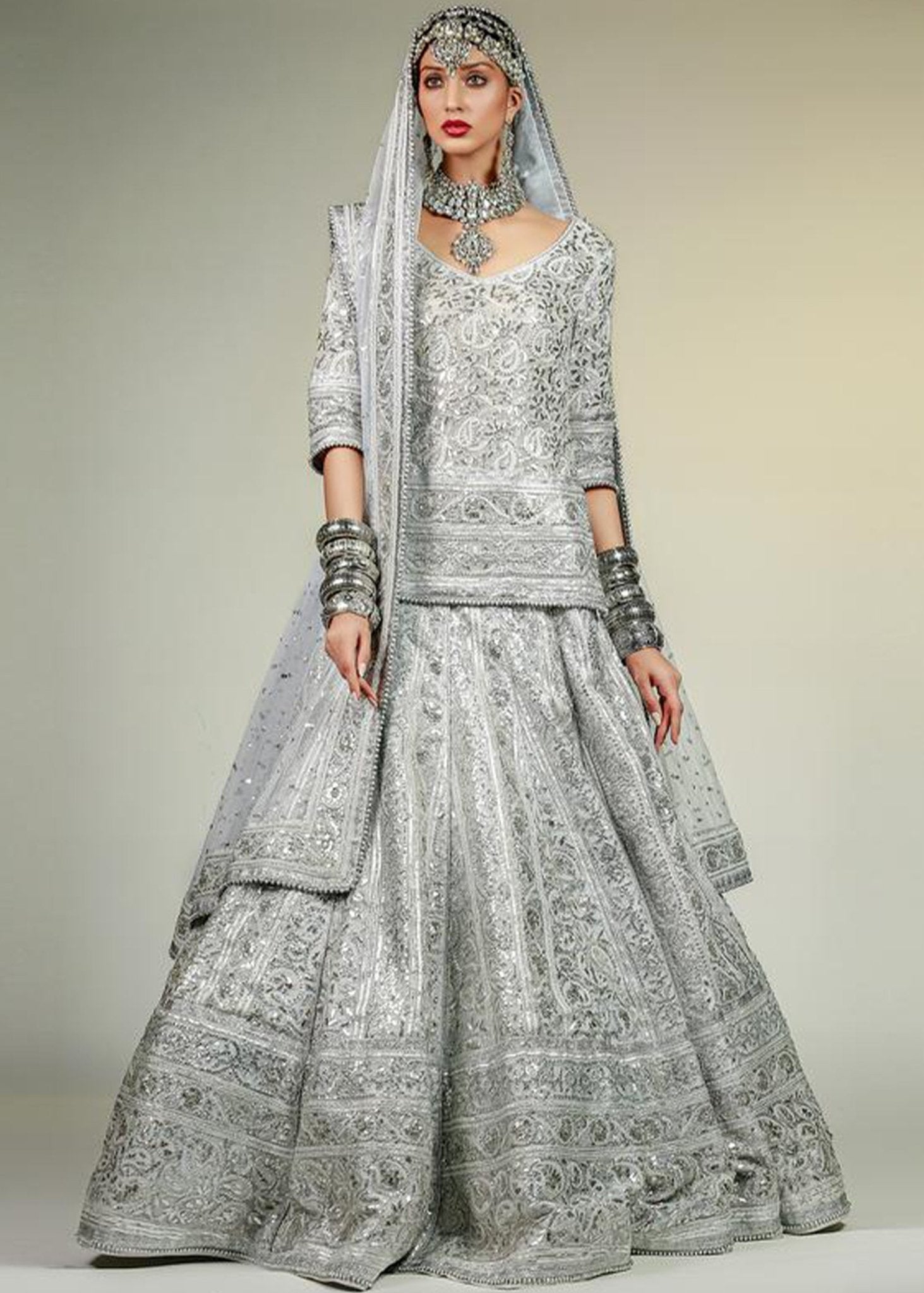 Sky Blue Lehenga, Choli and Dupatta embellished with Silver Gota - work - Rizwan Beyg Design