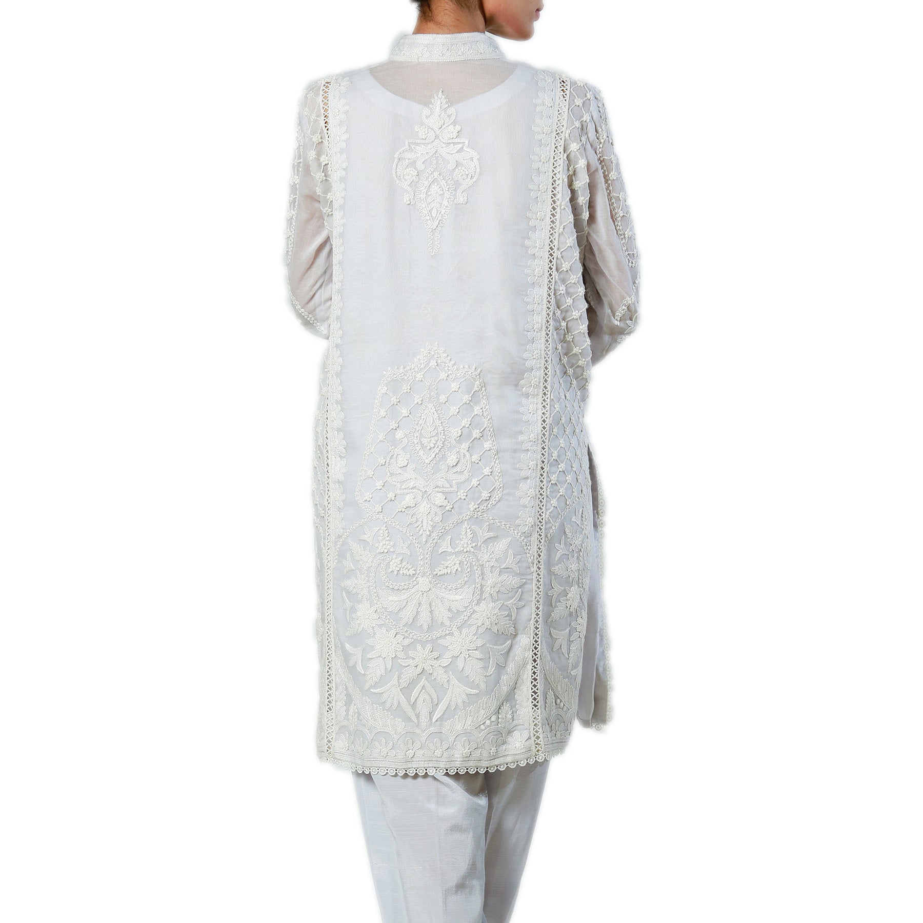 Sky Blue Shadow work with French Knots Kali Kurta - Rizwan Beyg Design