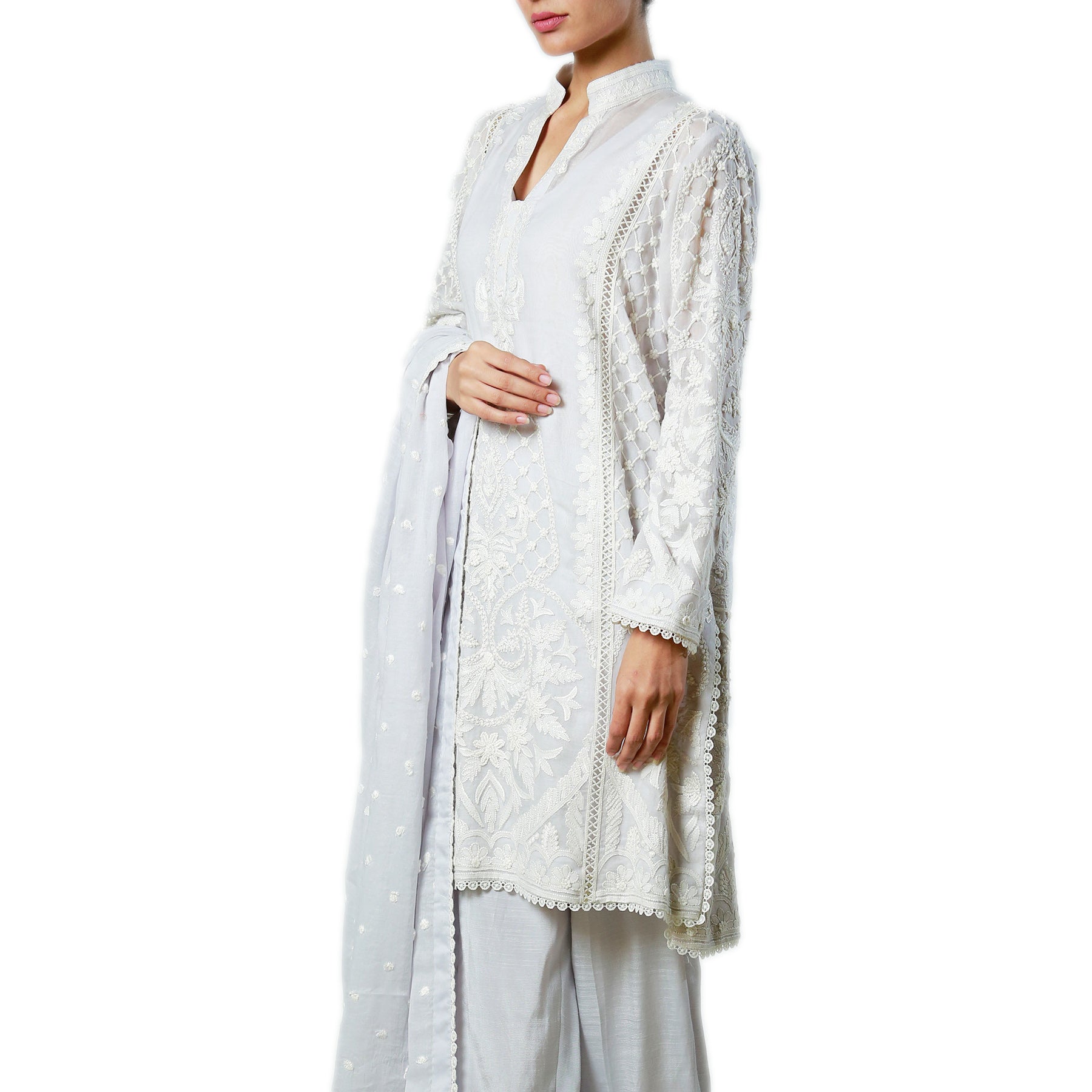 Sky Blue Shadow work with French Knots Kali Kurta - Rizwan Beyg Design