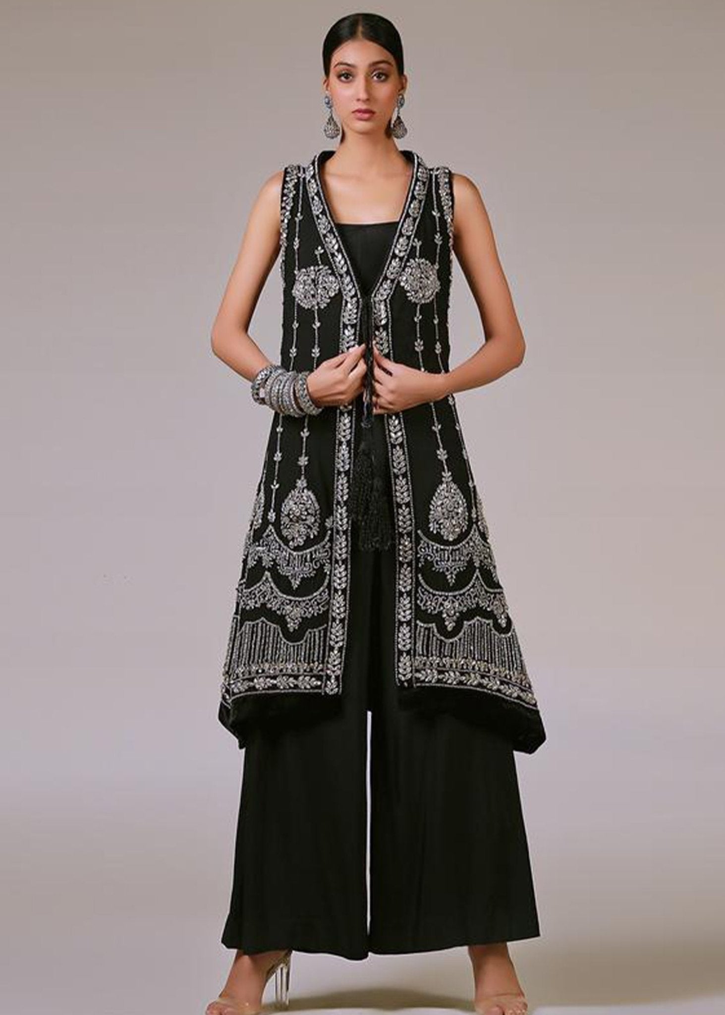 Sleeveless Black Silver Coat - Rizwan Beyg Design