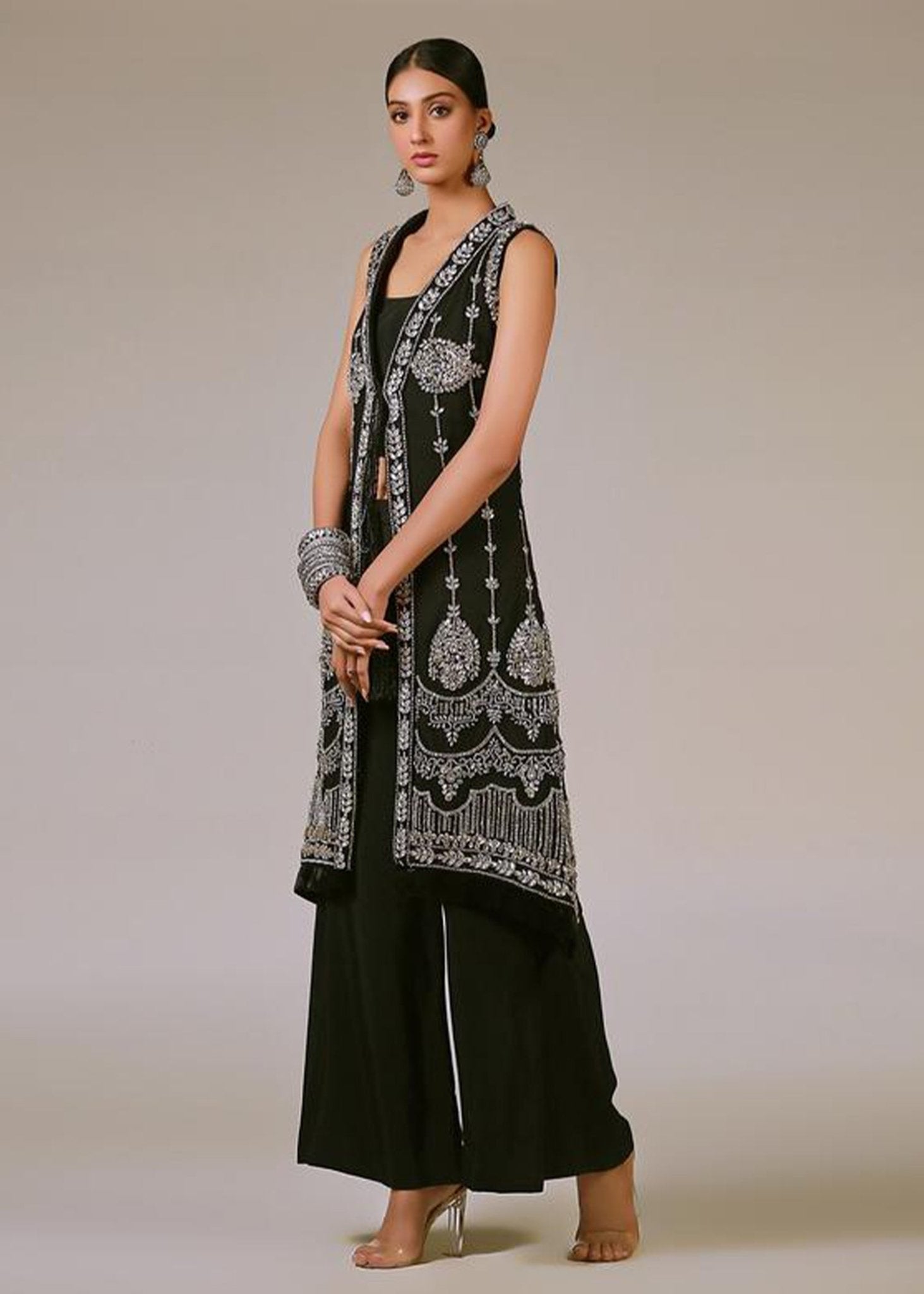 Sleeveless Black Silver Coat - Rizwan Beyg Design