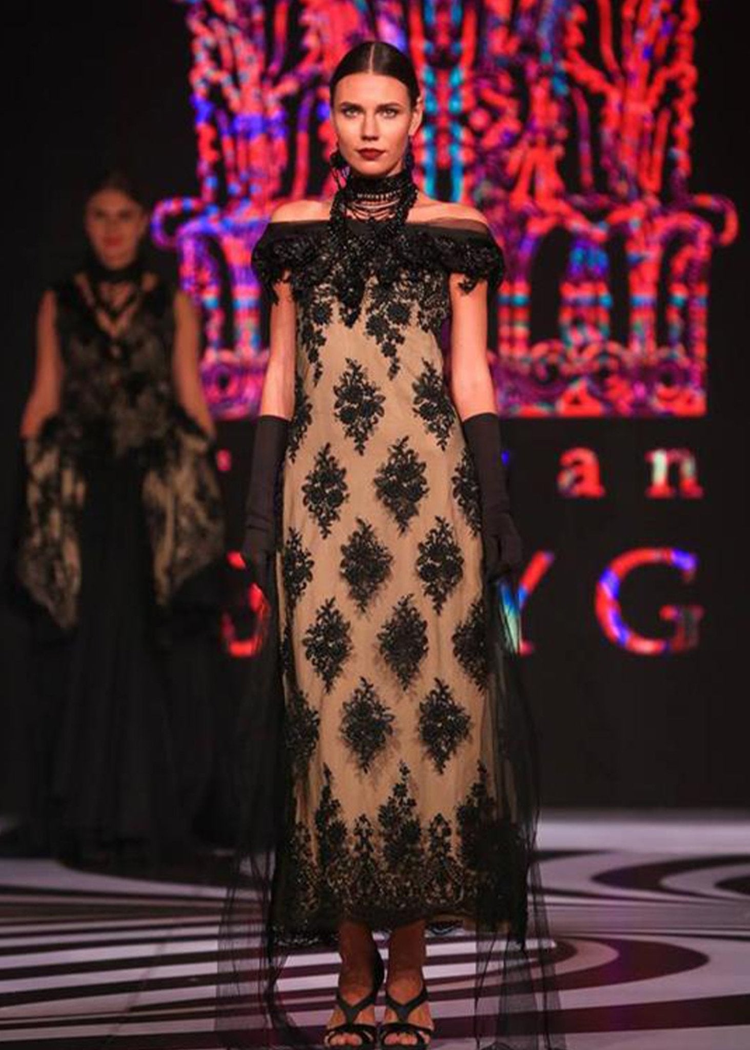 Strapless Embroidered Black Beige Long Dress - Rizwan Beyg Design