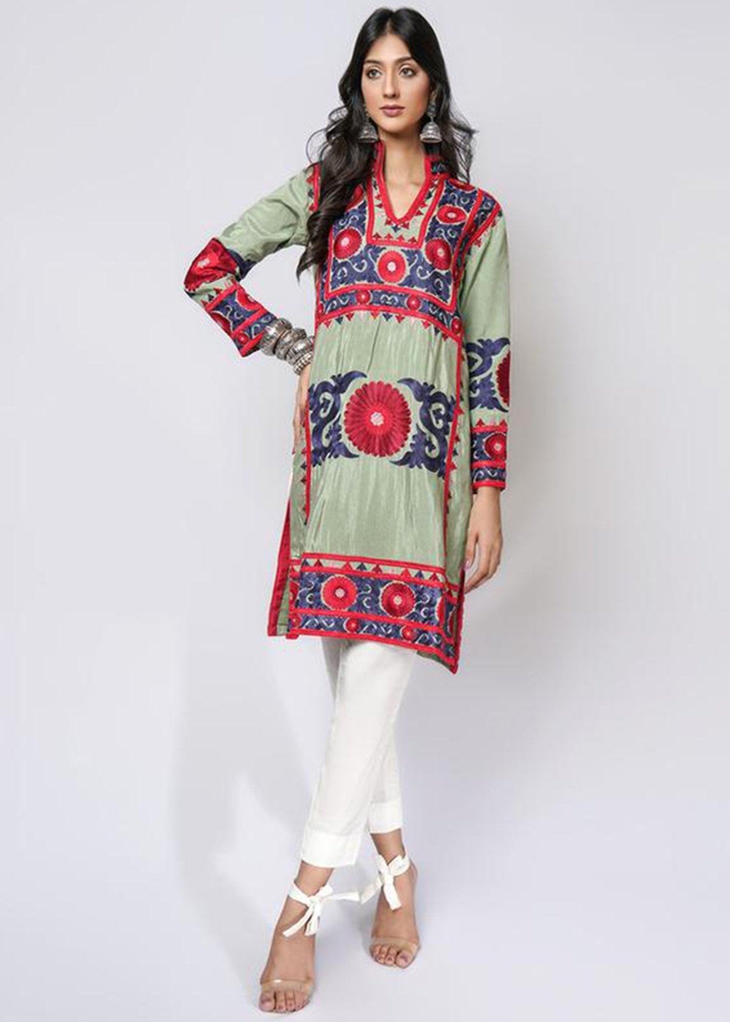 Suzani Silk Floss Embroidered Sage Green Top - Rizwan Beyg Design