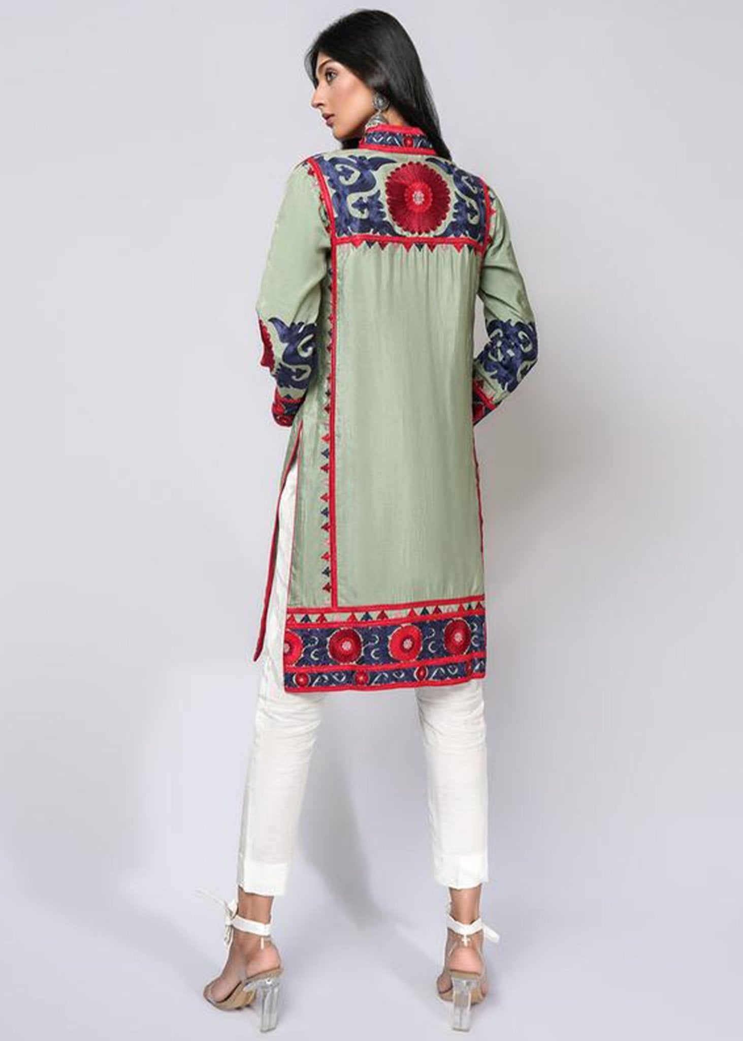 Suzani Silk Floss Embroidered Sage Green Top - Rizwan Beyg Design