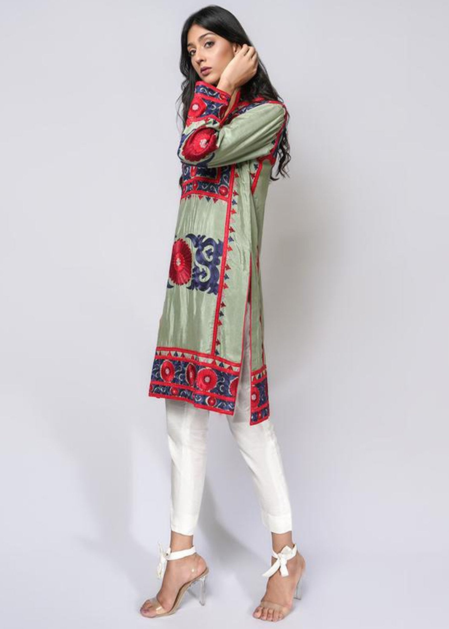 Suzani Silk Floss Embroidered Sage Green Top - Rizwan Beyg Design