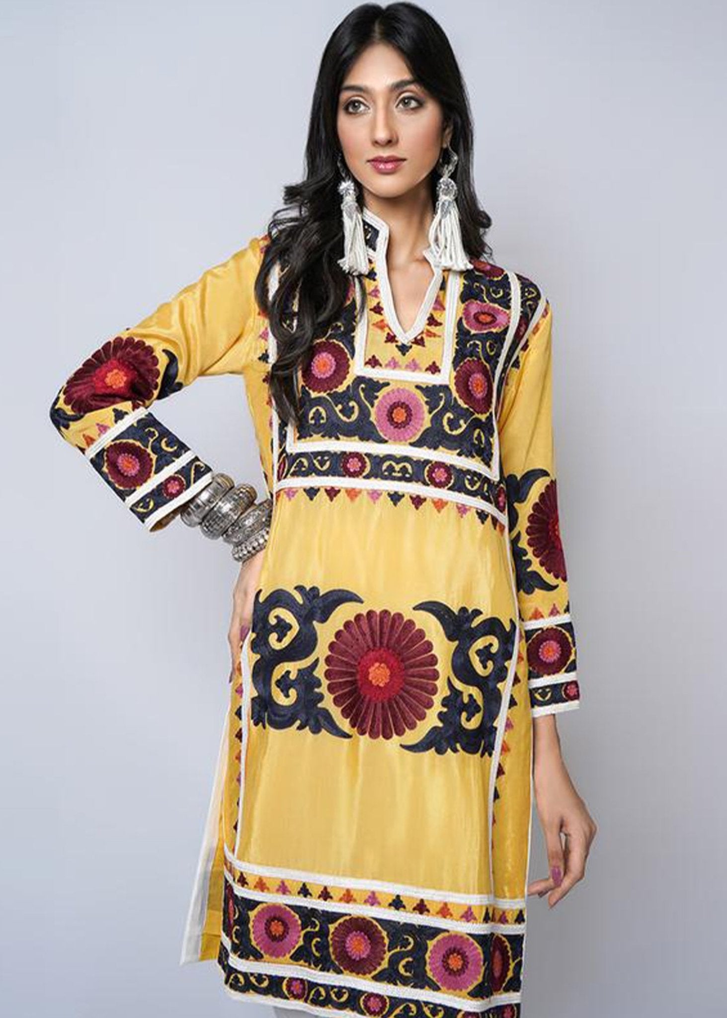 Suzani Silk Floss Embroidered Yellow Top - Rizwan Beyg Design