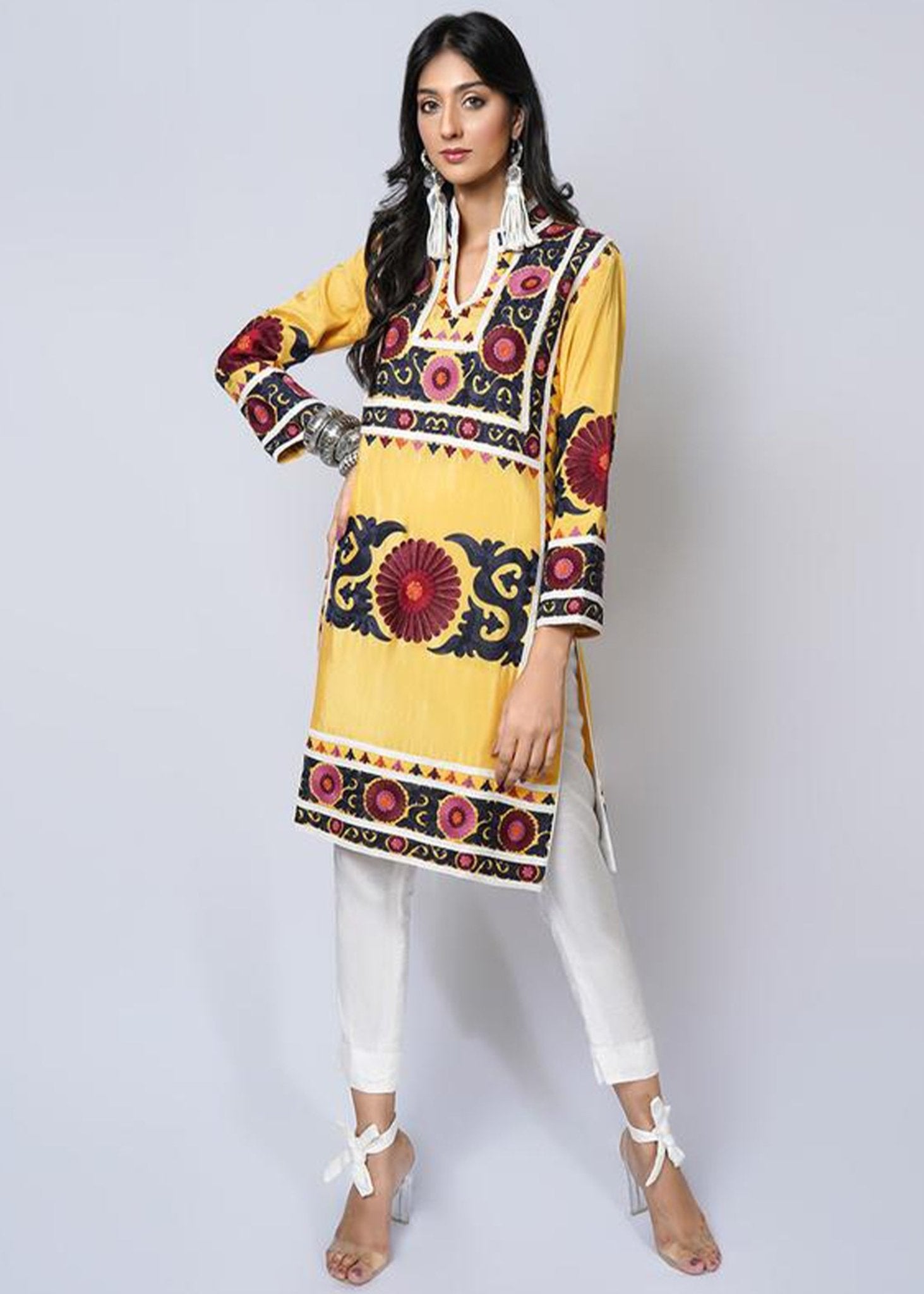 Suzani Silk Floss Embroidered Yellow Top - Rizwan Beyg Design