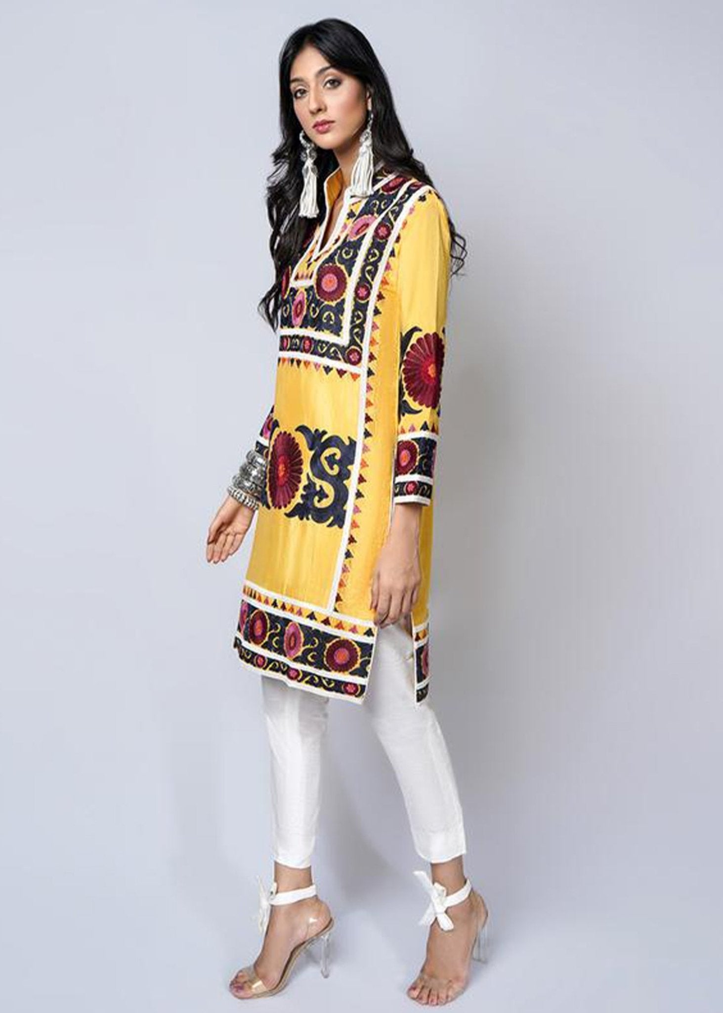 Suzani Silk Floss Embroidered Yellow Top - Rizwan Beyg Design