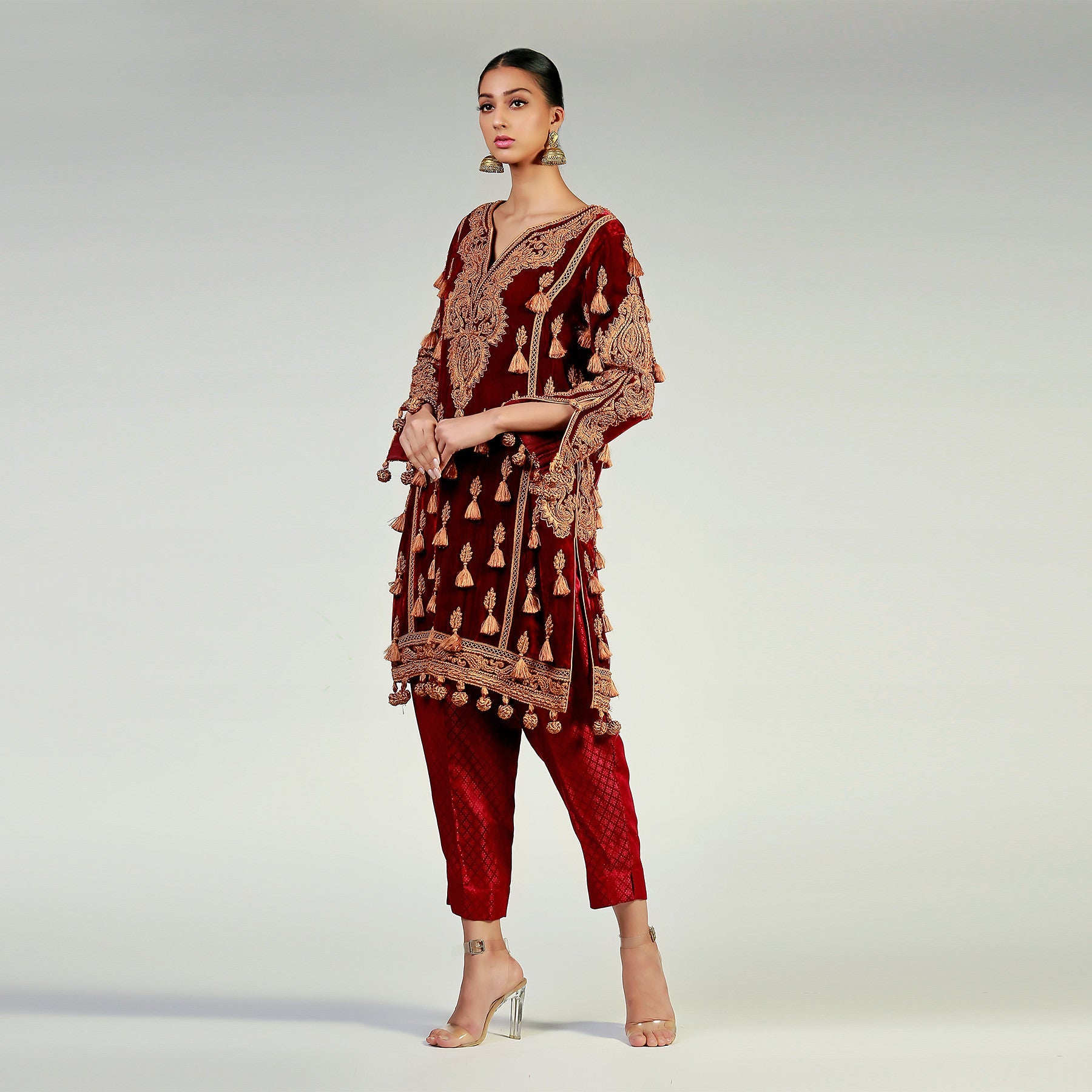 Tassel Embellished & Embroidered Maroon Velvet Kali Kurta - Rizwan Beyg Design