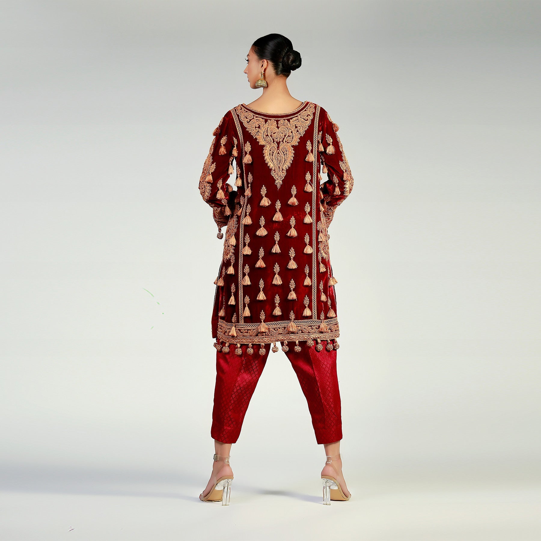 Tassel Embellished & Embroidered Maroon Velvet Kali Kurta - Rizwan Beyg Design