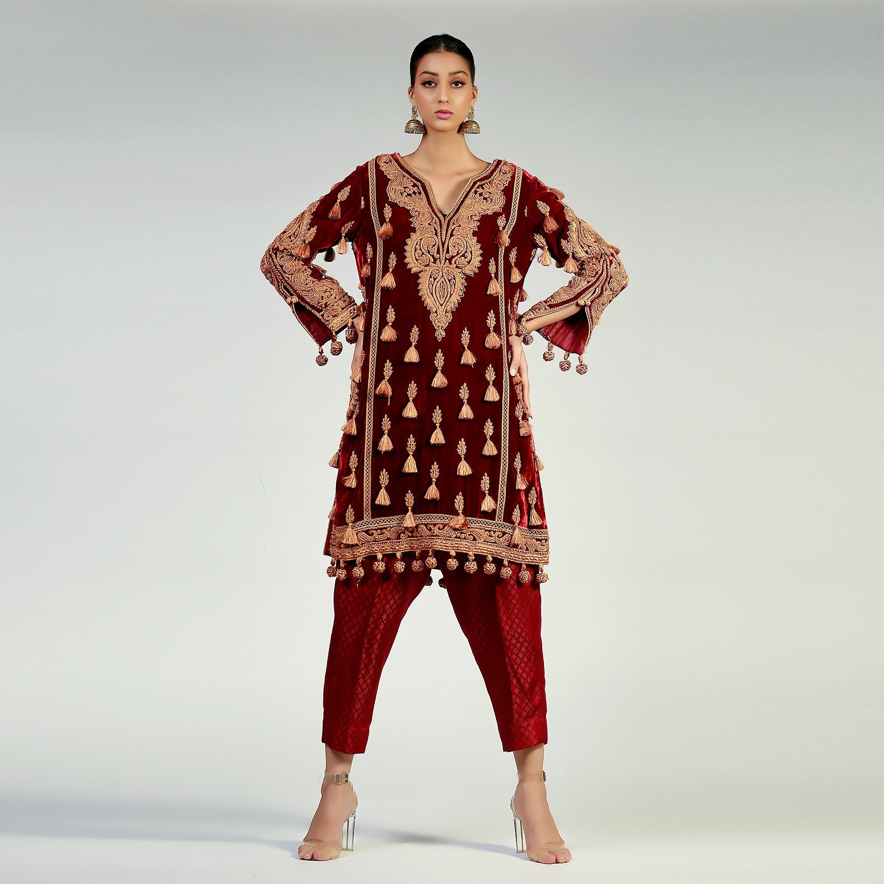 Tassel Embellished & Embroidered Maroon Velvet Kali Kurta - Rizwan Beyg Design