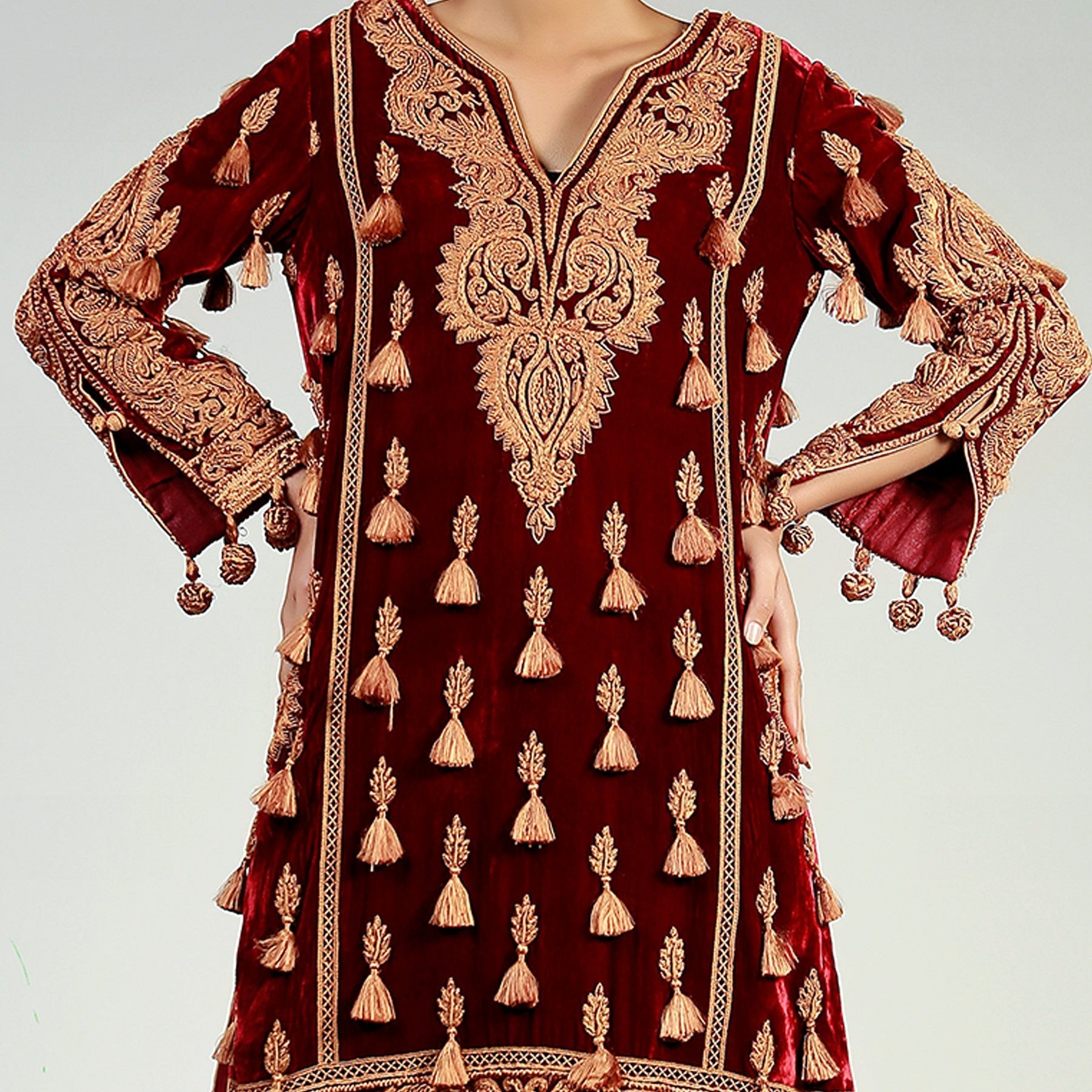 Tassel Embellished & Embroidered Maroon Velvet Kali Kurta - Rizwan Beyg Design