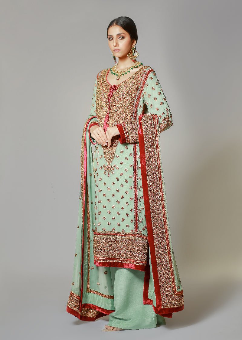 Turquoise Marori Embroidered Classic Kali Kurta & Dupatta - Rizwan Beyg Design