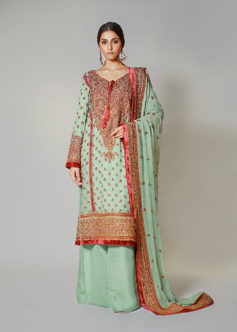 Turquoise Marori Embroidered Classic Kali Kurta & Dupatta - Rizwan Beyg Design