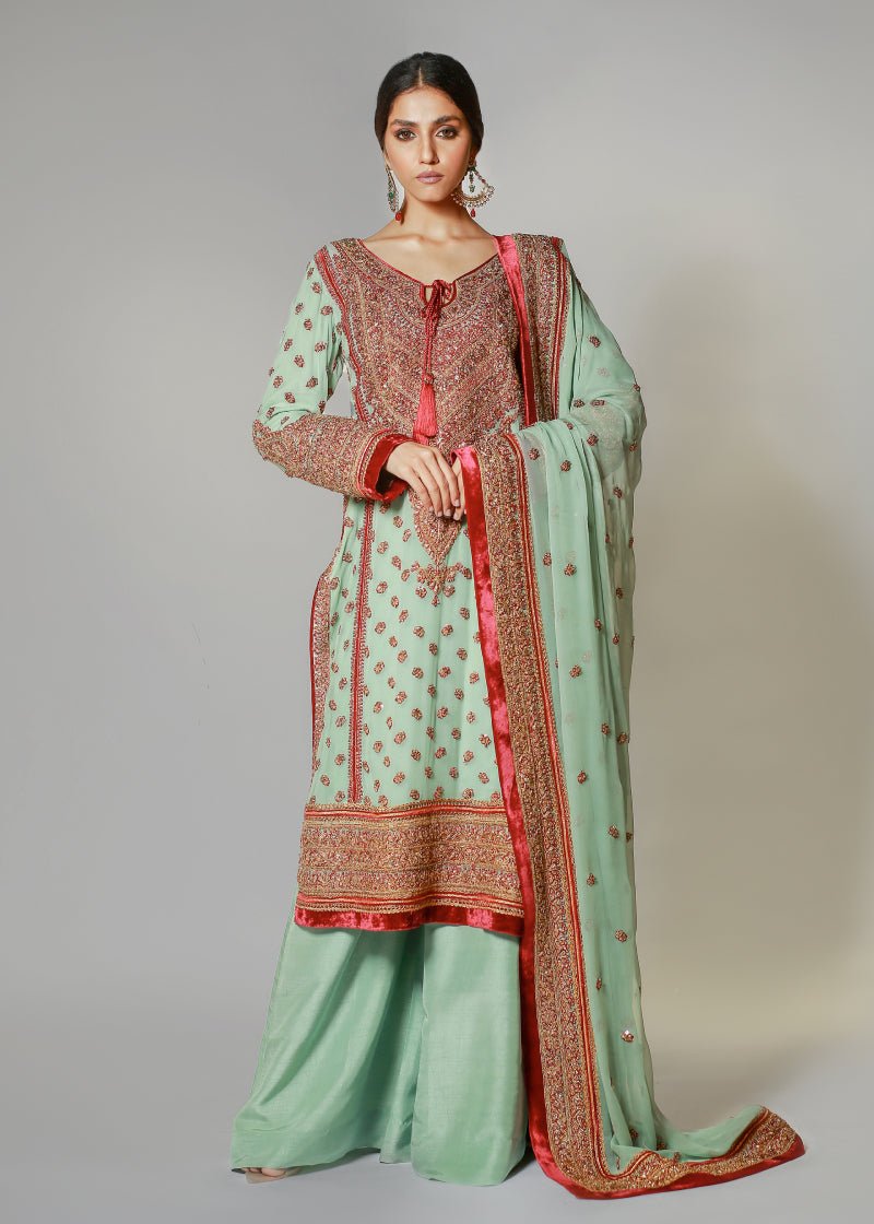 Turquoise Marori Embroidered Classic Kali Kurta & Dupatta - Rizwan Beyg Design