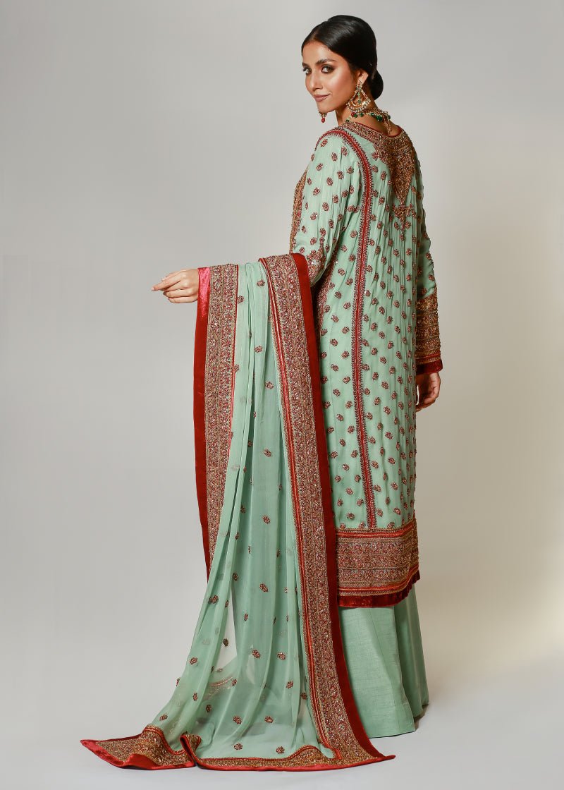 Turquoise Marori Embroidered Classic Kali Kurta & Dupatta - Rizwan Beyg Design