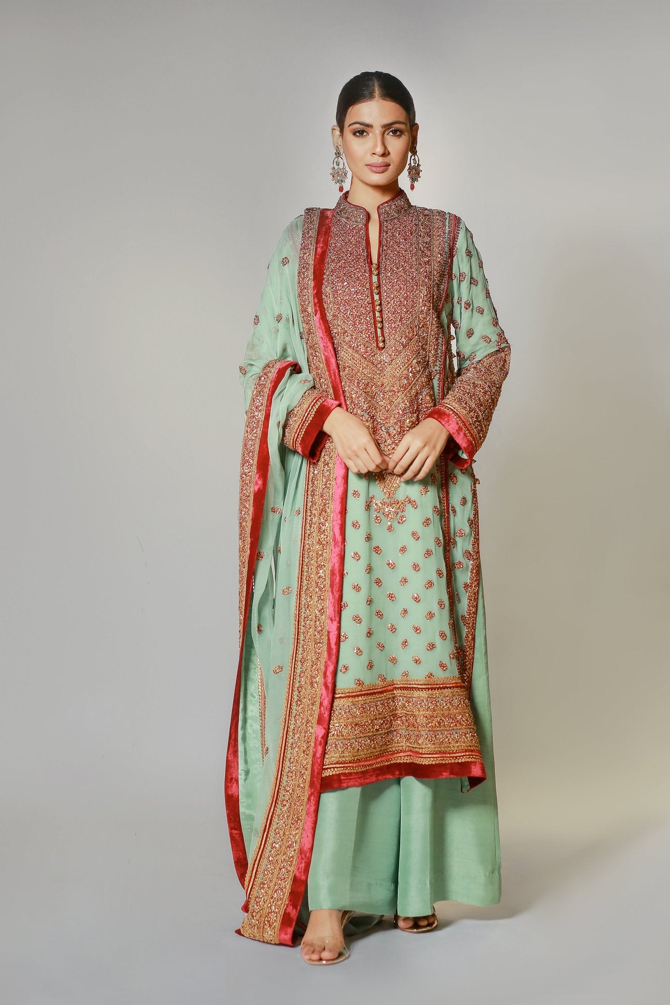 Turquoise Marori Embroidered Classic Kali Kurta & Dupatta Chinese Collar - Rizwan Beyg Design