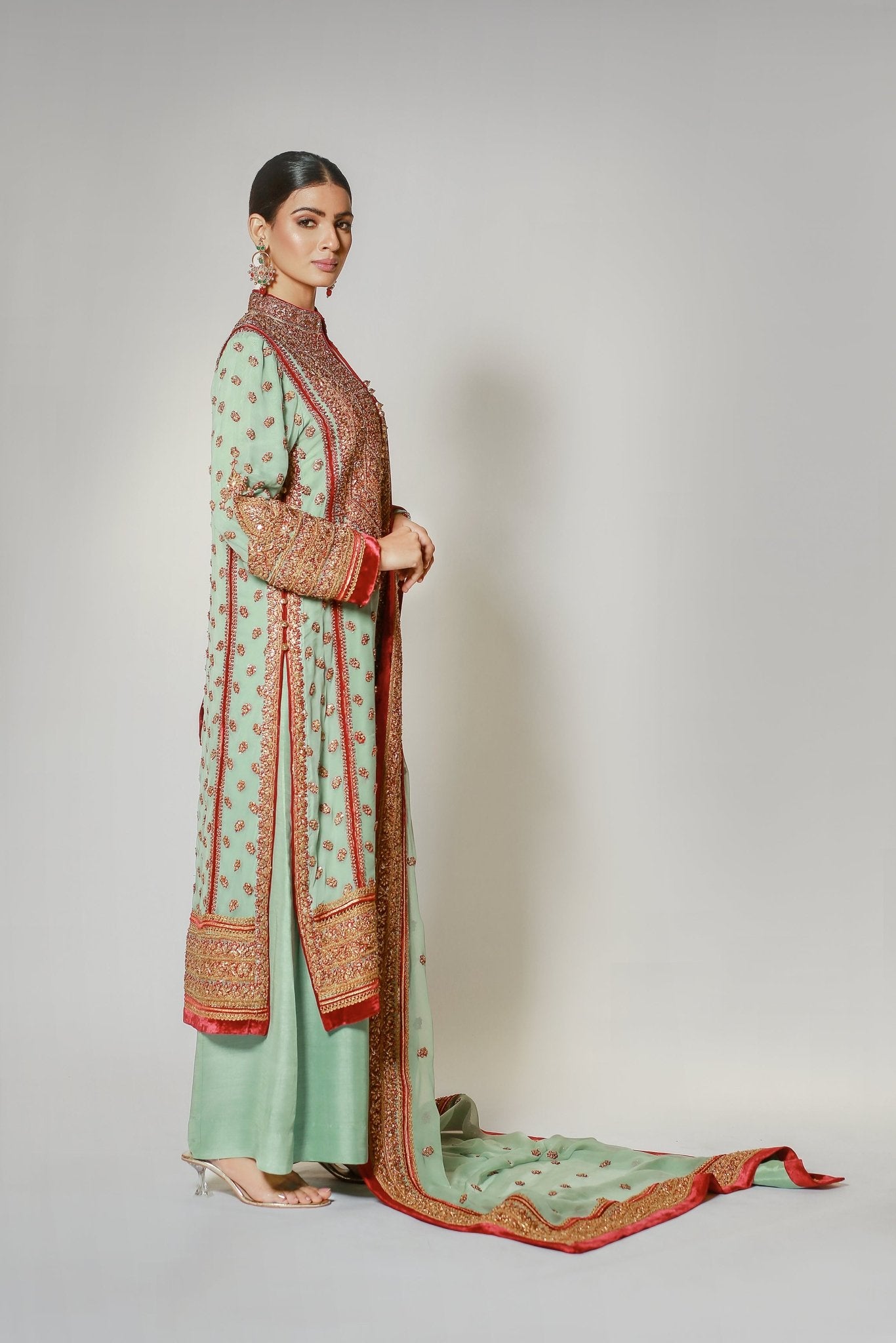 Turquoise Marori Embroidered Classic Kali Kurta & Dupatta Chinese Collar - Rizwan Beyg Design