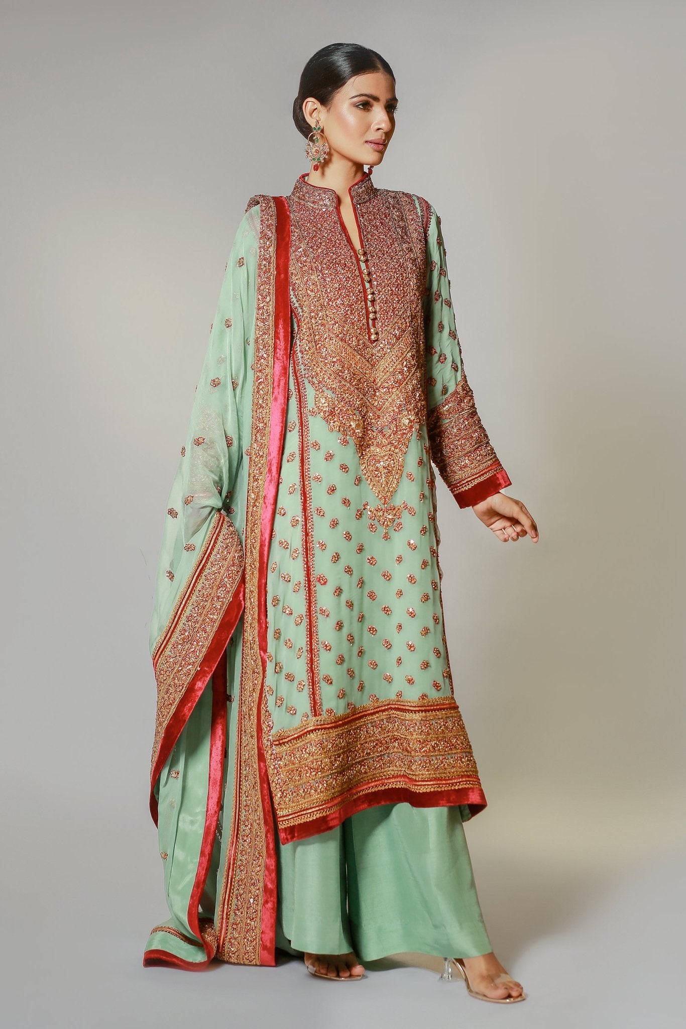 Turquoise Marori Embroidered Classic Kali Kurta & Dupatta Chinese Collar - Rizwan Beyg Design