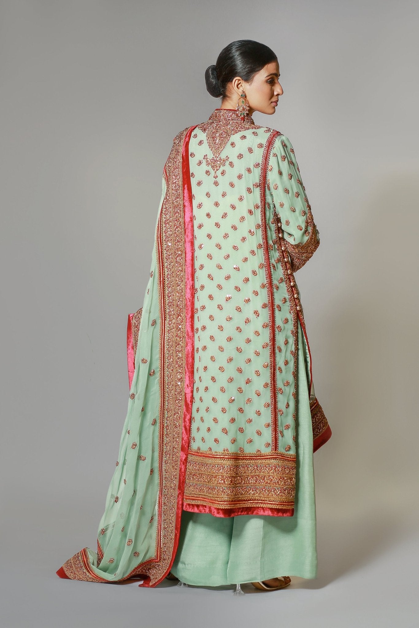 Turquoise Marori Embroidered Classic Kali Kurta & Dupatta Chinese Collar - Rizwan Beyg Design