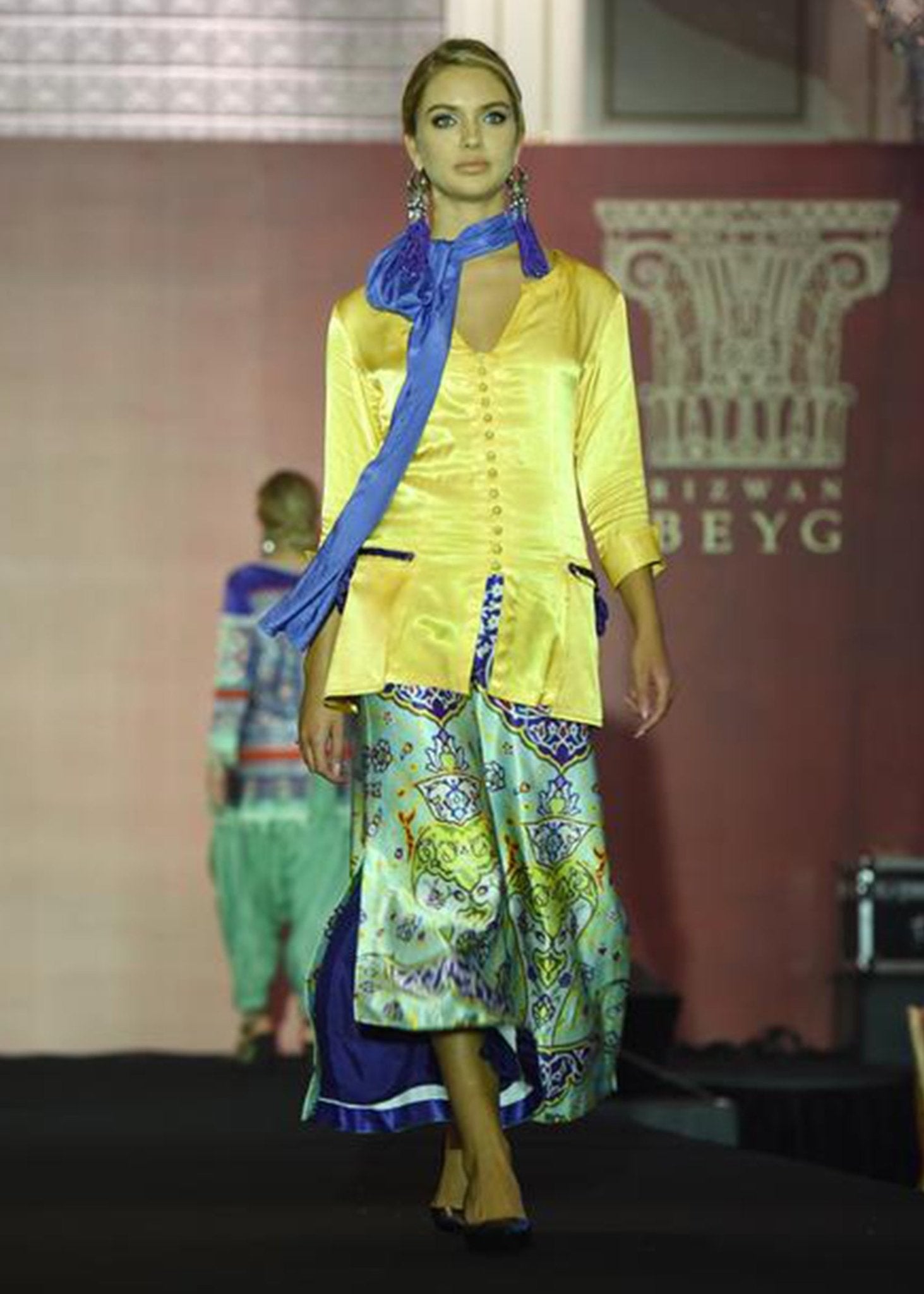 Turquoise Printed Culotte With Pocket Jacket - Rizwan Beyg Design