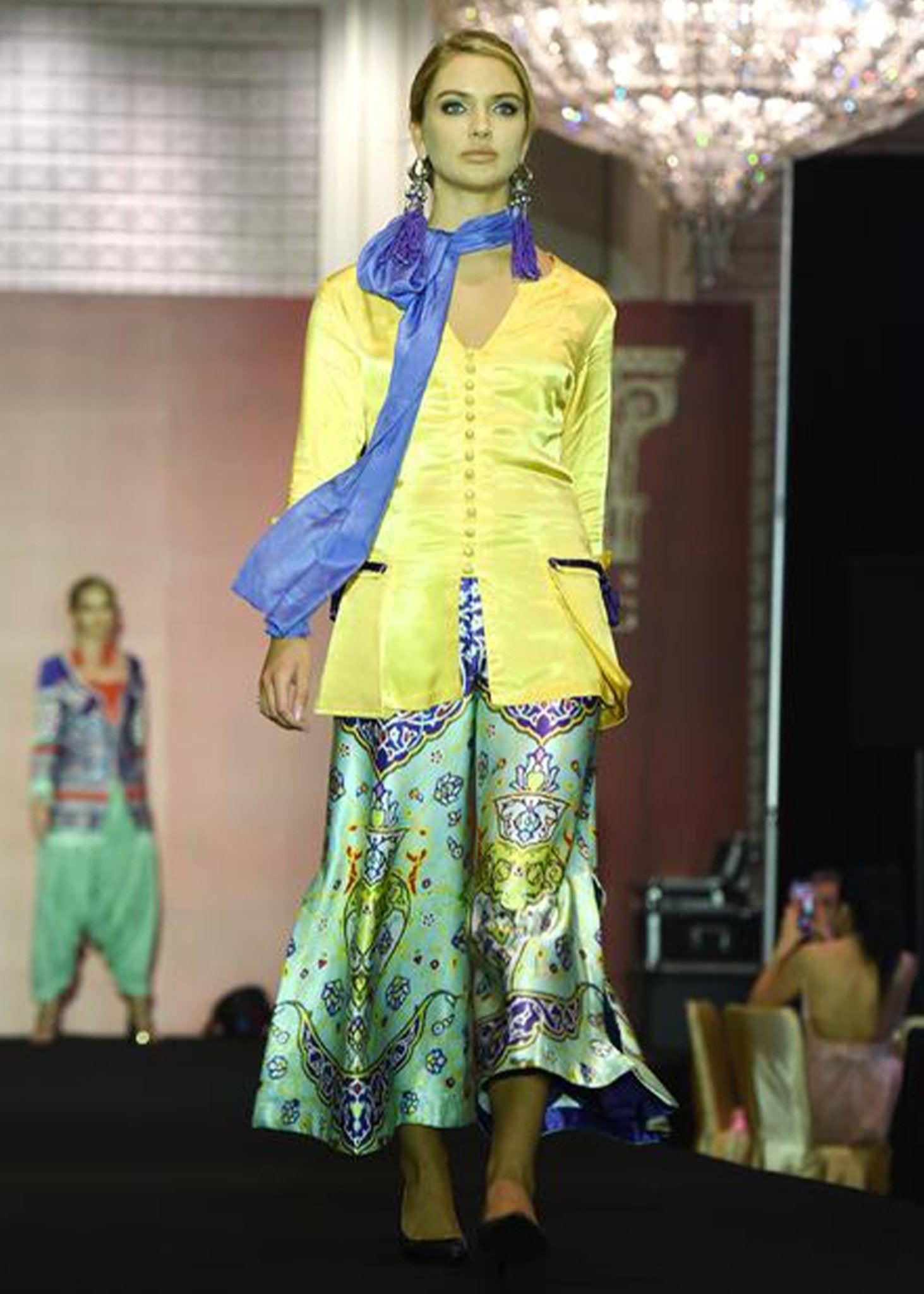 Turquoise Printed Culotte With Pocket Jacket - Rizwan Beyg Design