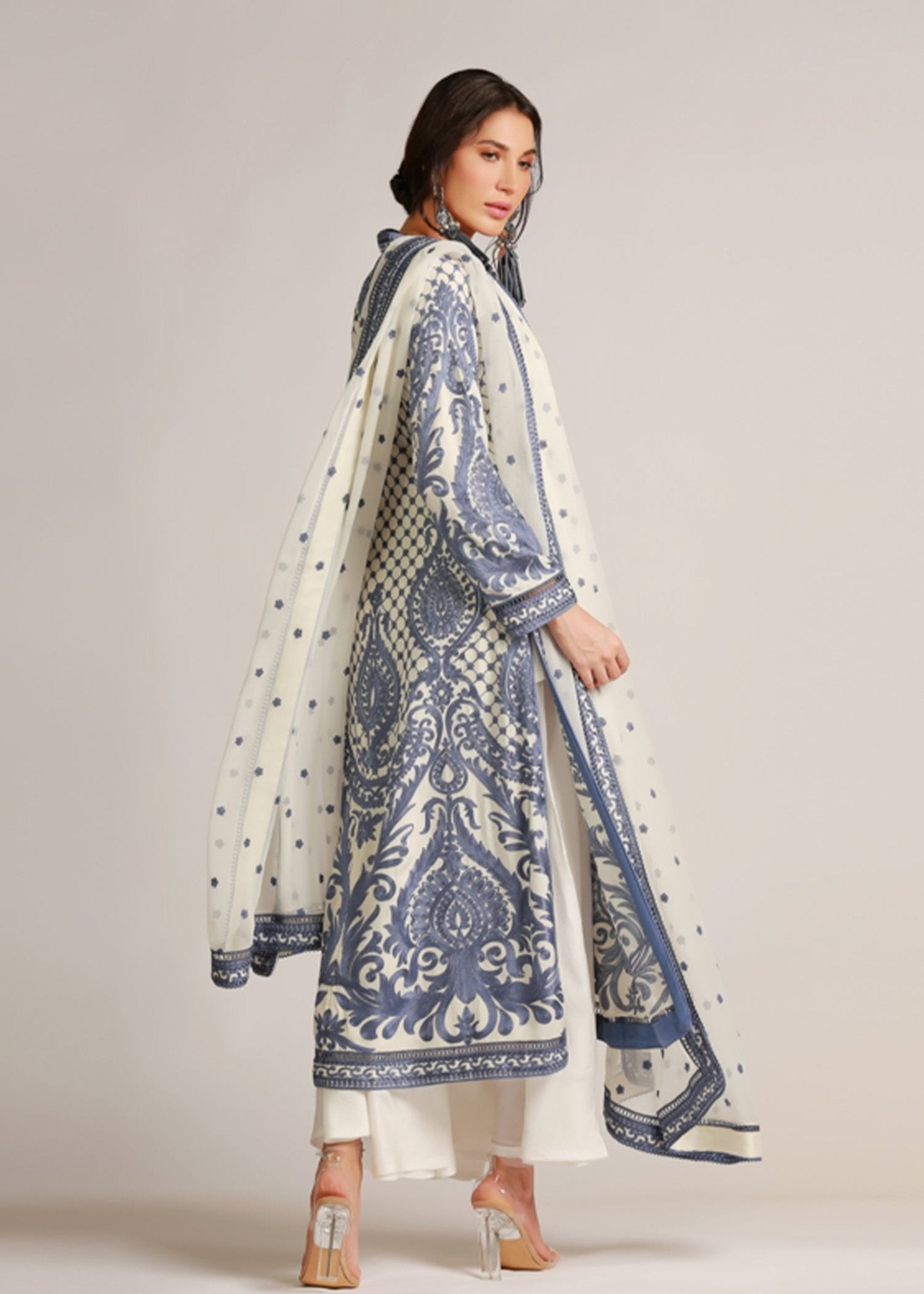 Wedgewood Blue on Ivory Cotton Net Coat - Rizwan Beyg Design