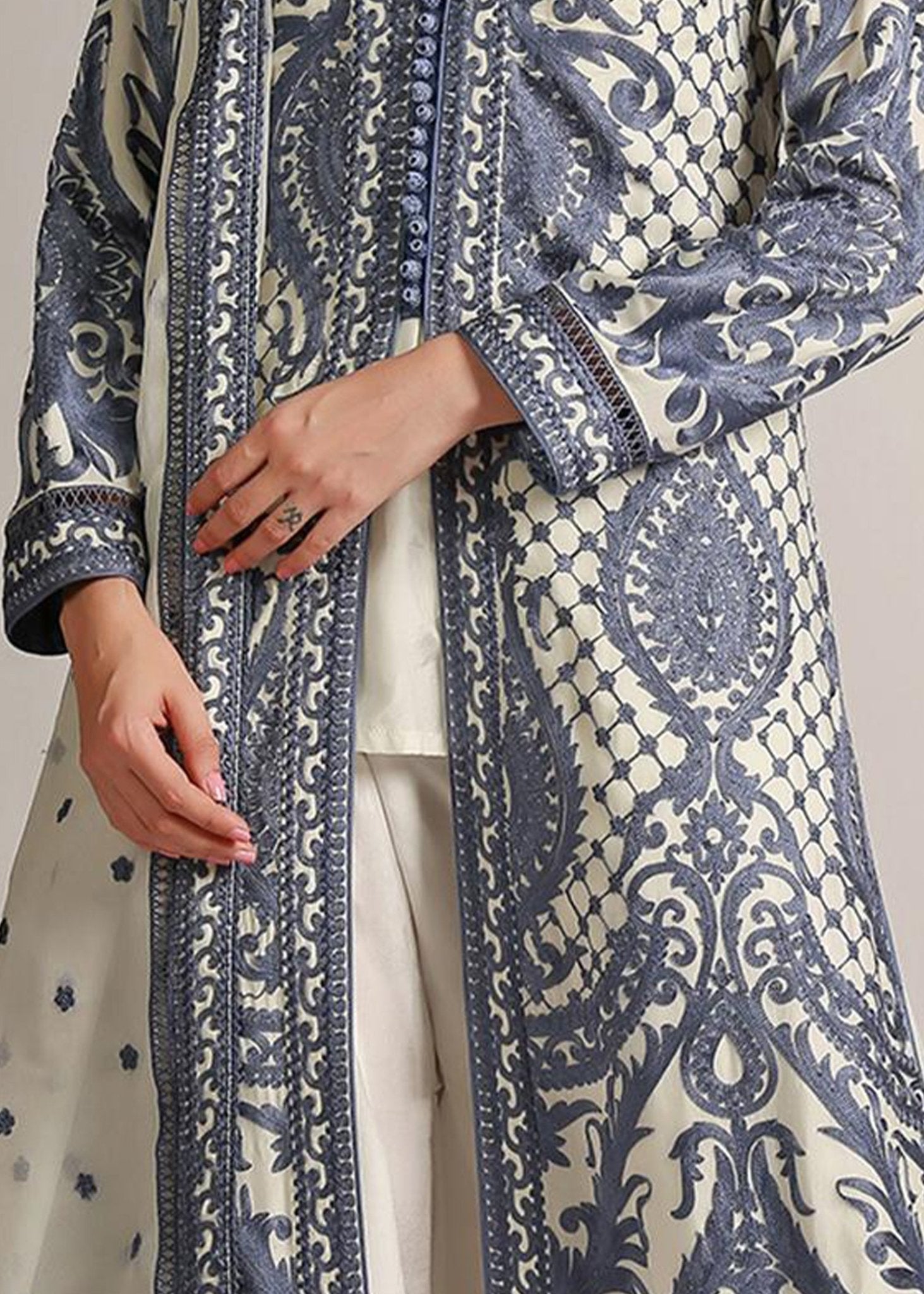 Wedgewood Blue on Ivory Cotton Net Coat - Rizwan Beyg Design