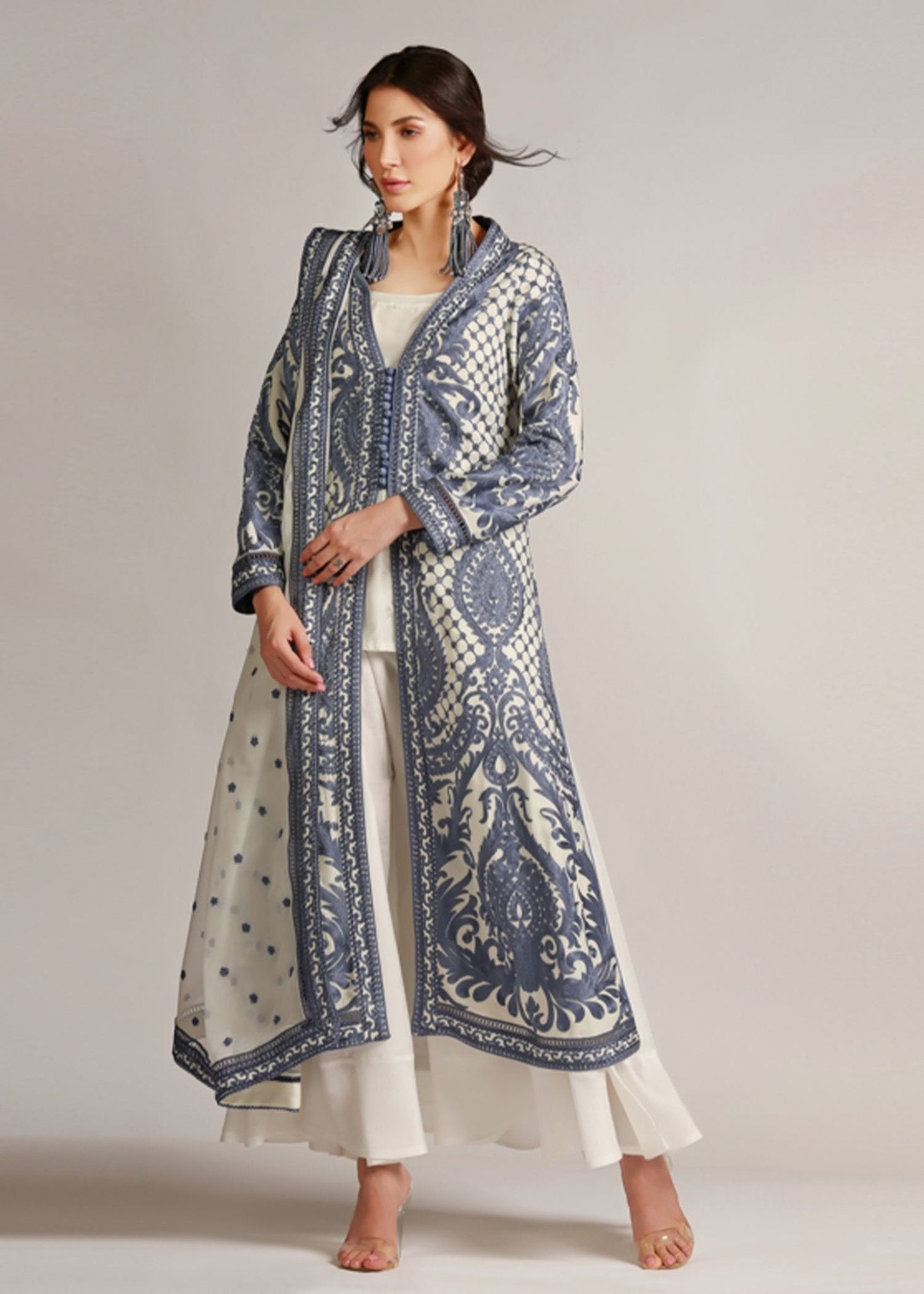 Wedgewood Blue on Ivory Cotton Net Coat - Rizwan Beyg Design