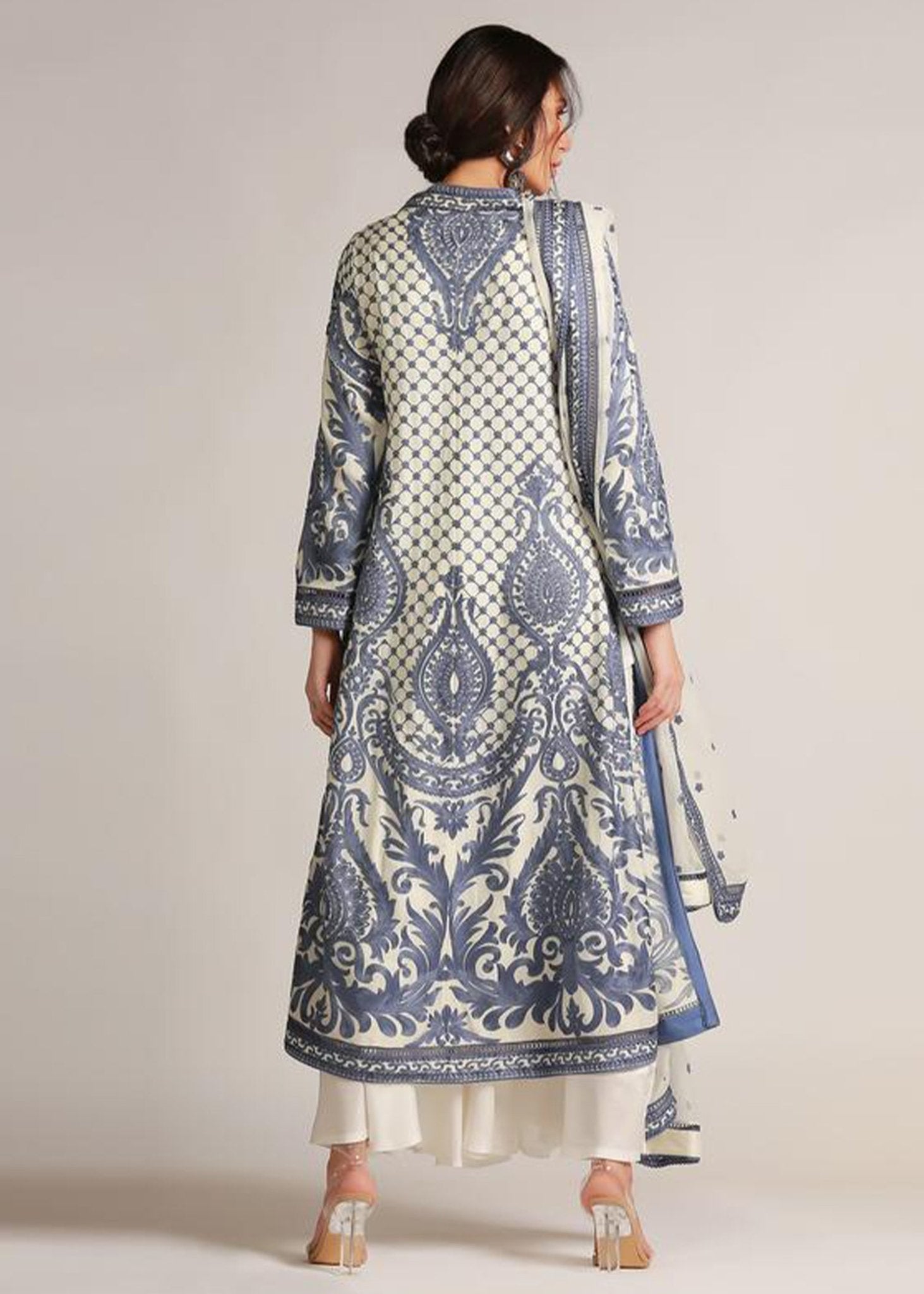 Wedgewood Blue on Ivory Cotton Net Coat - Rizwan Beyg Design