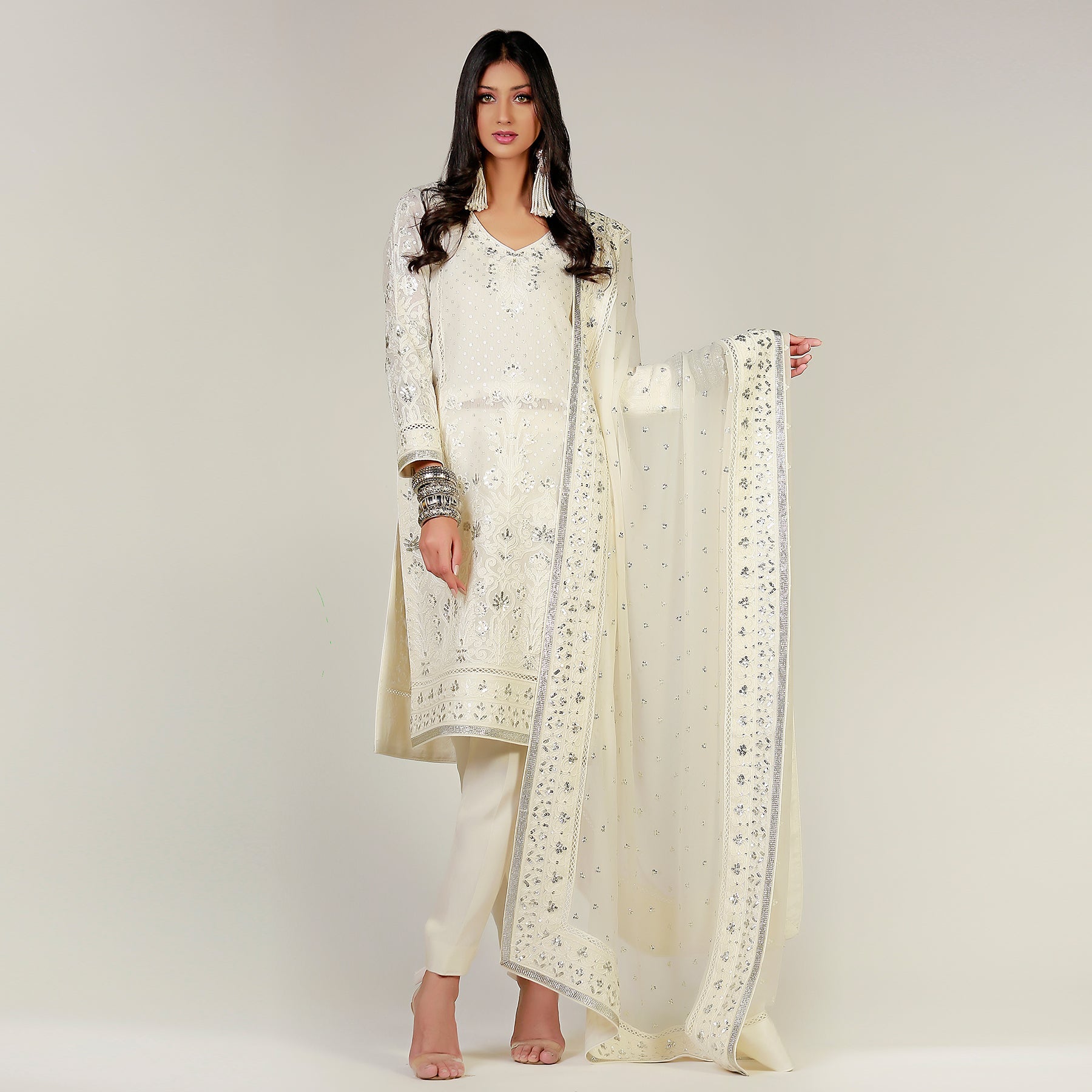 White Dori Hand Embroidered Kali Kurta - Rizwan Beyg Design