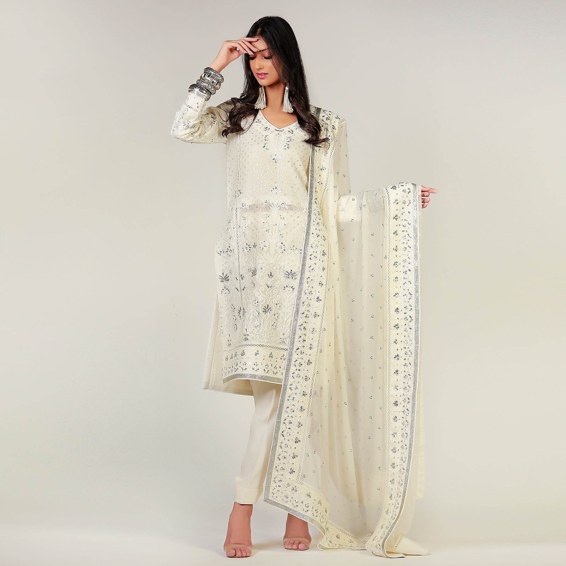 White Dori Hand Embroidered Kali Kurta - Rizwan Beyg Design