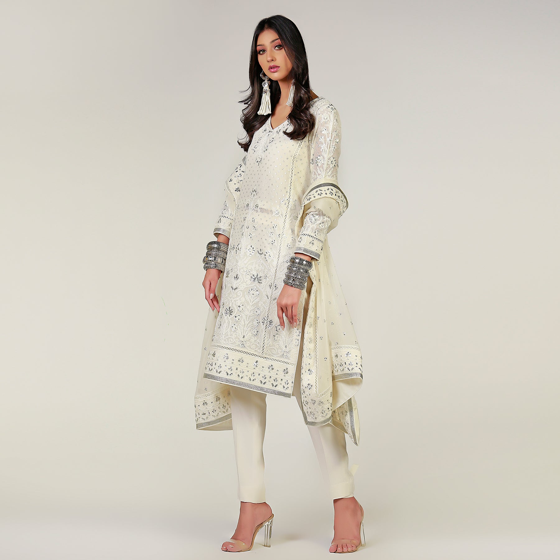 White Dori Hand Embroidered Kali Kurta - Rizwan Beyg Design