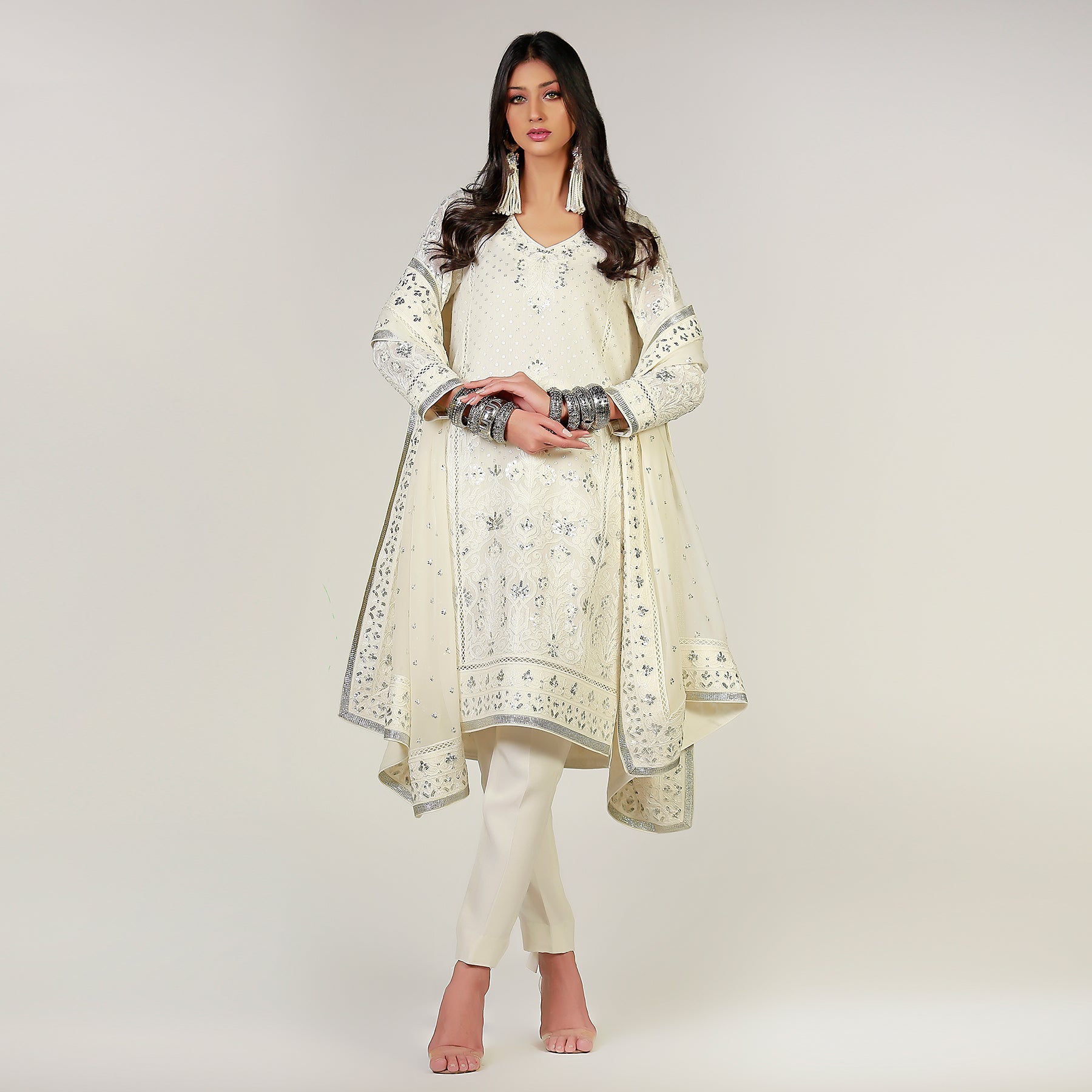 White Dori Hand Embroidered Kali Kurta - Rizwan Beyg Design