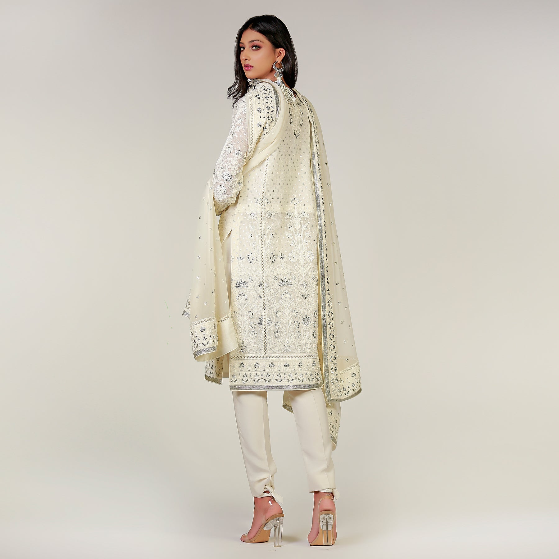 White Dori Hand Embroidered Kali Kurta - Rizwan Beyg Design