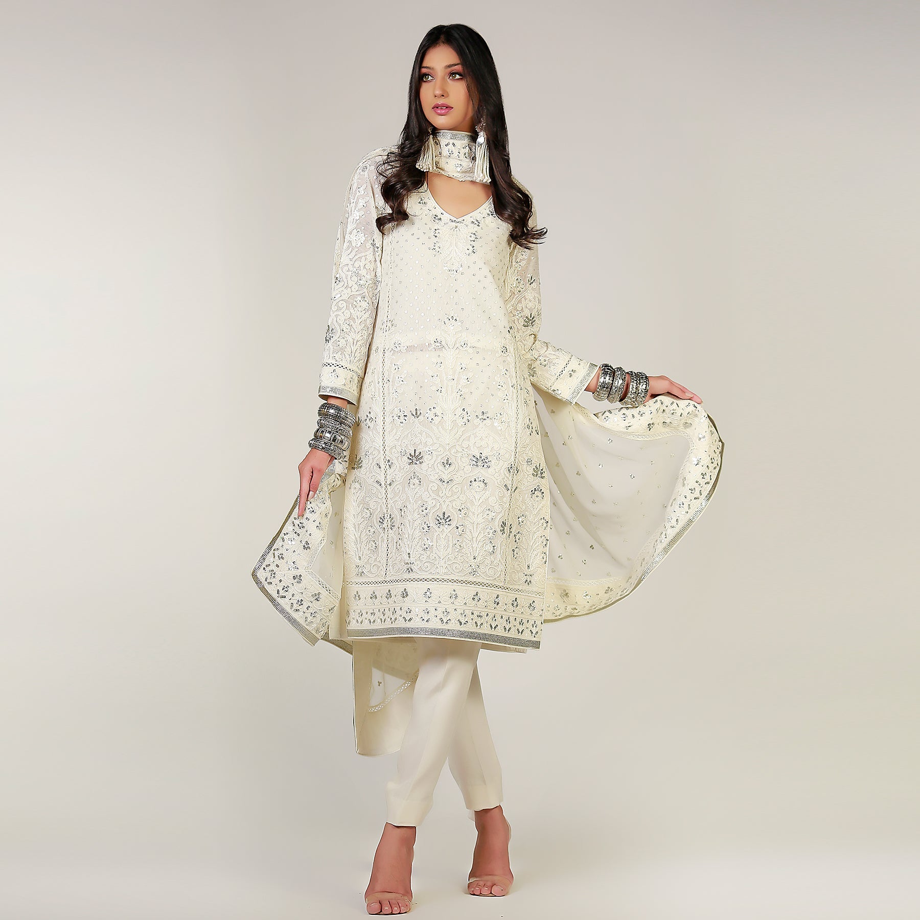 White Dori Hand Embroidered Kali Kurta - Rizwan Beyg Design