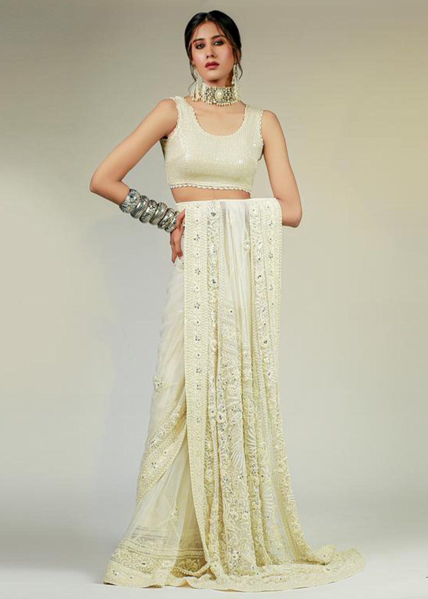 White Gara Saree - Rizwan Beyg Design