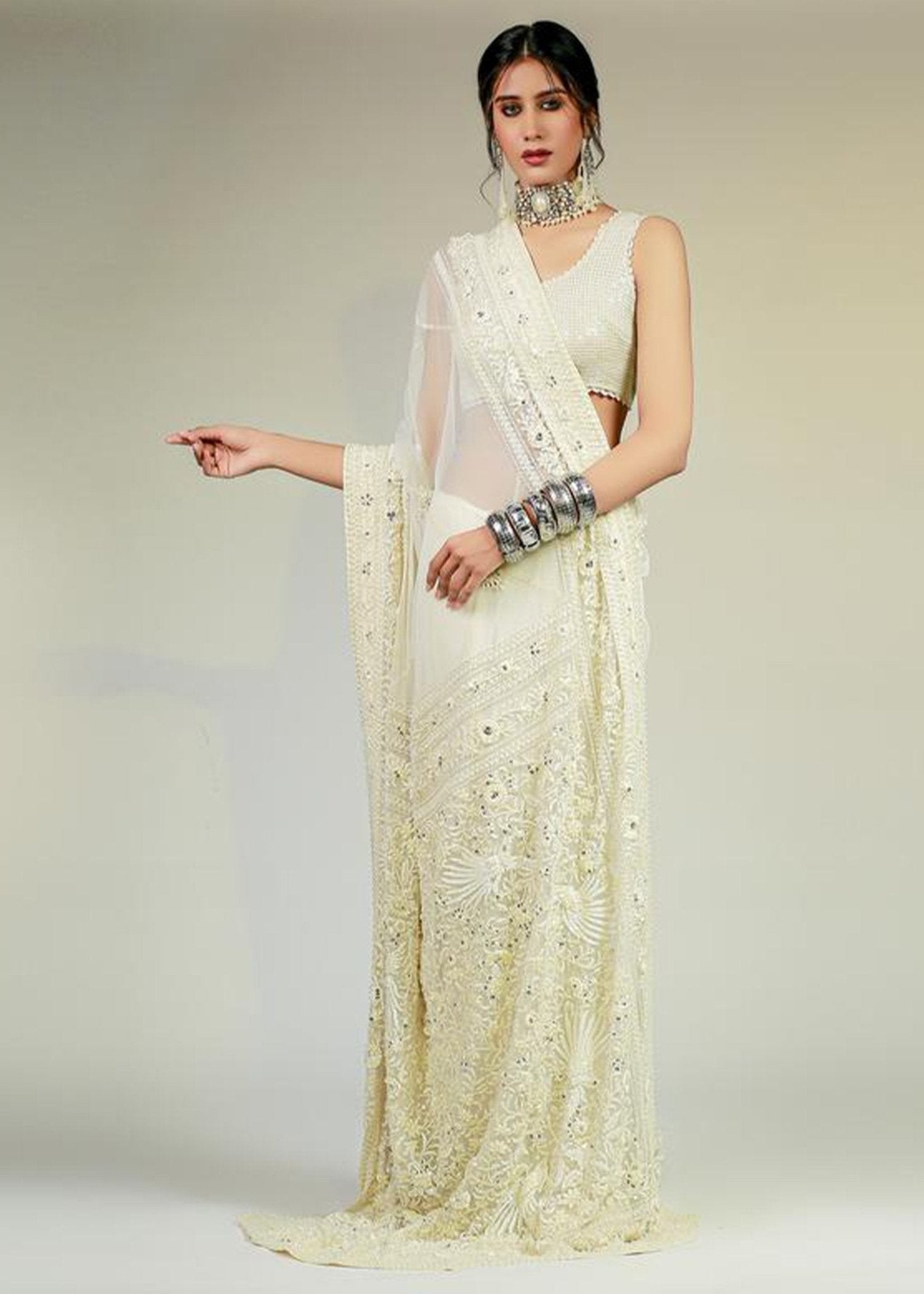 White Gara Saree - Rizwan Beyg Design