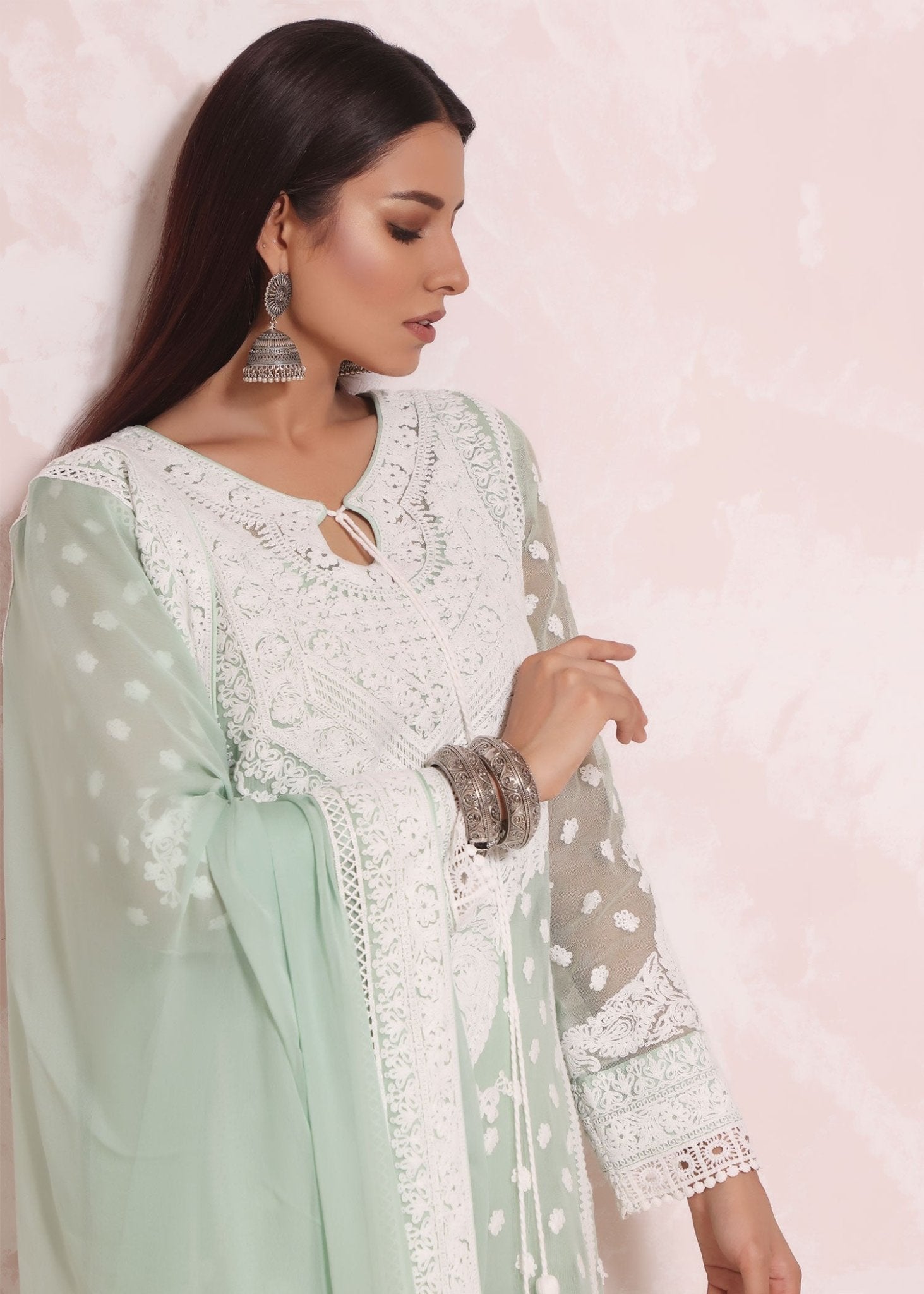 White Marori Embroidered Green Kali Kurta & Dupatta - Rizwan Beyg Design