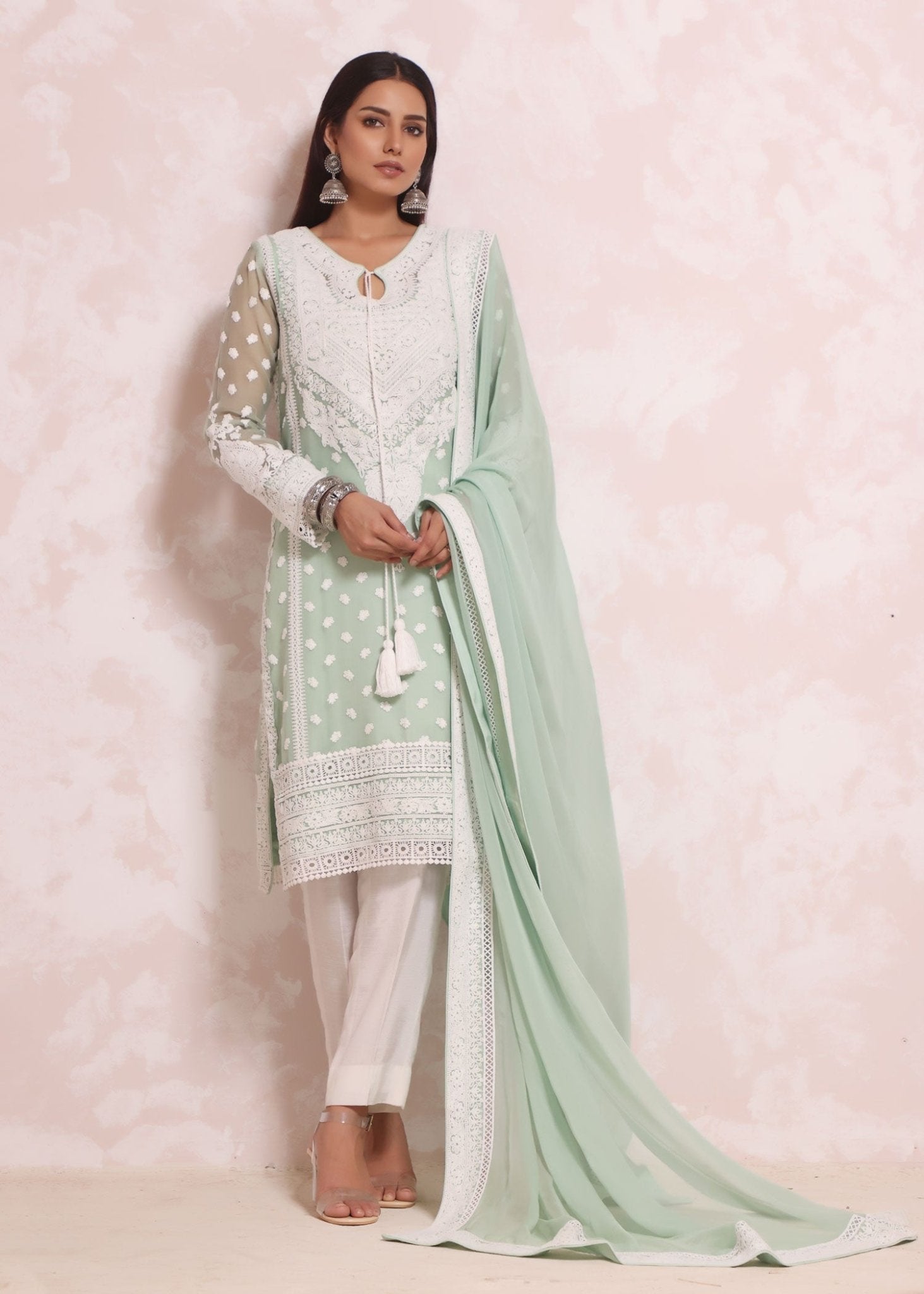 White Marori Embroidered Green Kali Kurta & Dupatta - Rizwan Beyg Design