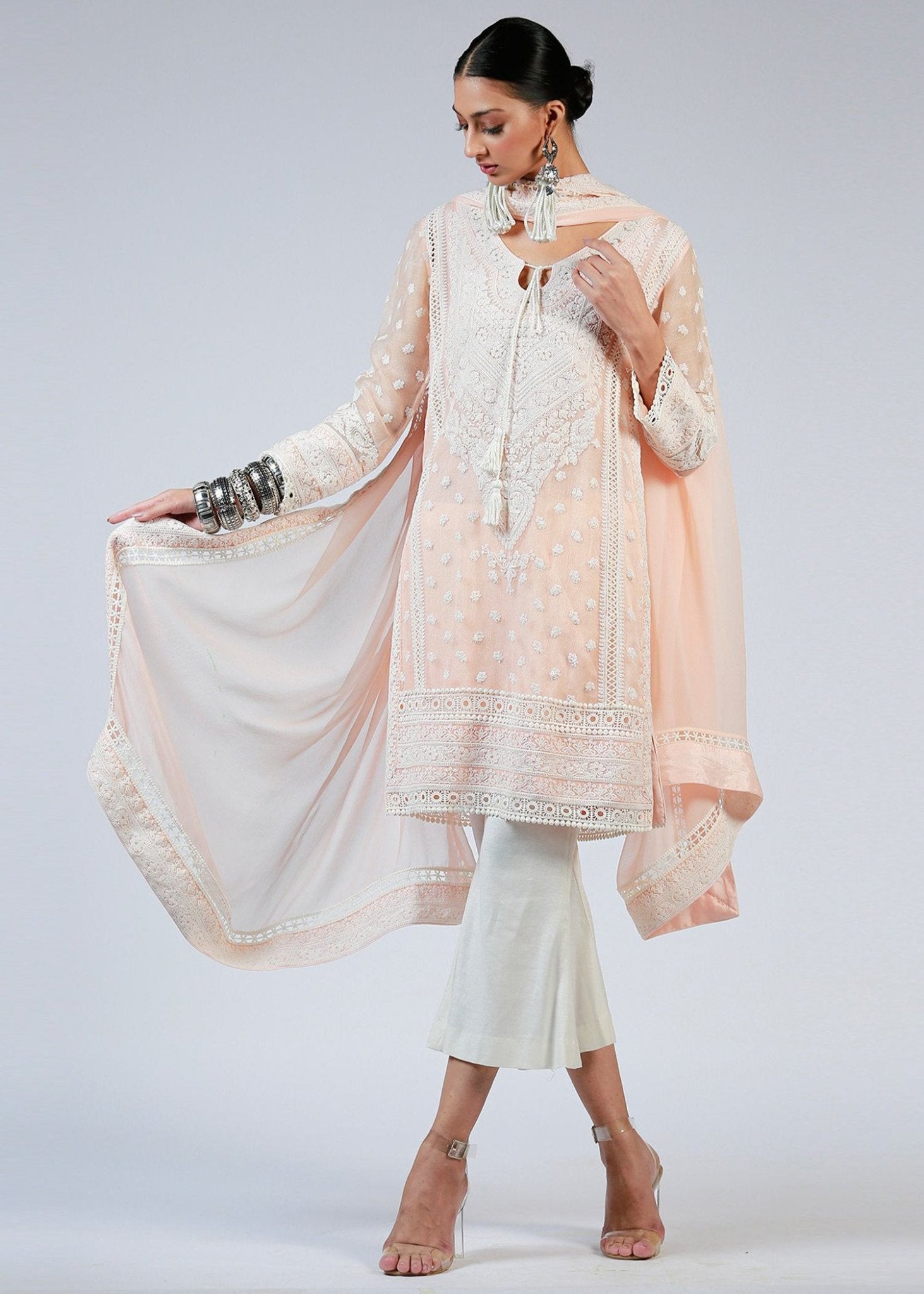 White Marori Embroidered Pink Kali Kurta & Dupatta - Rizwan Beyg Design