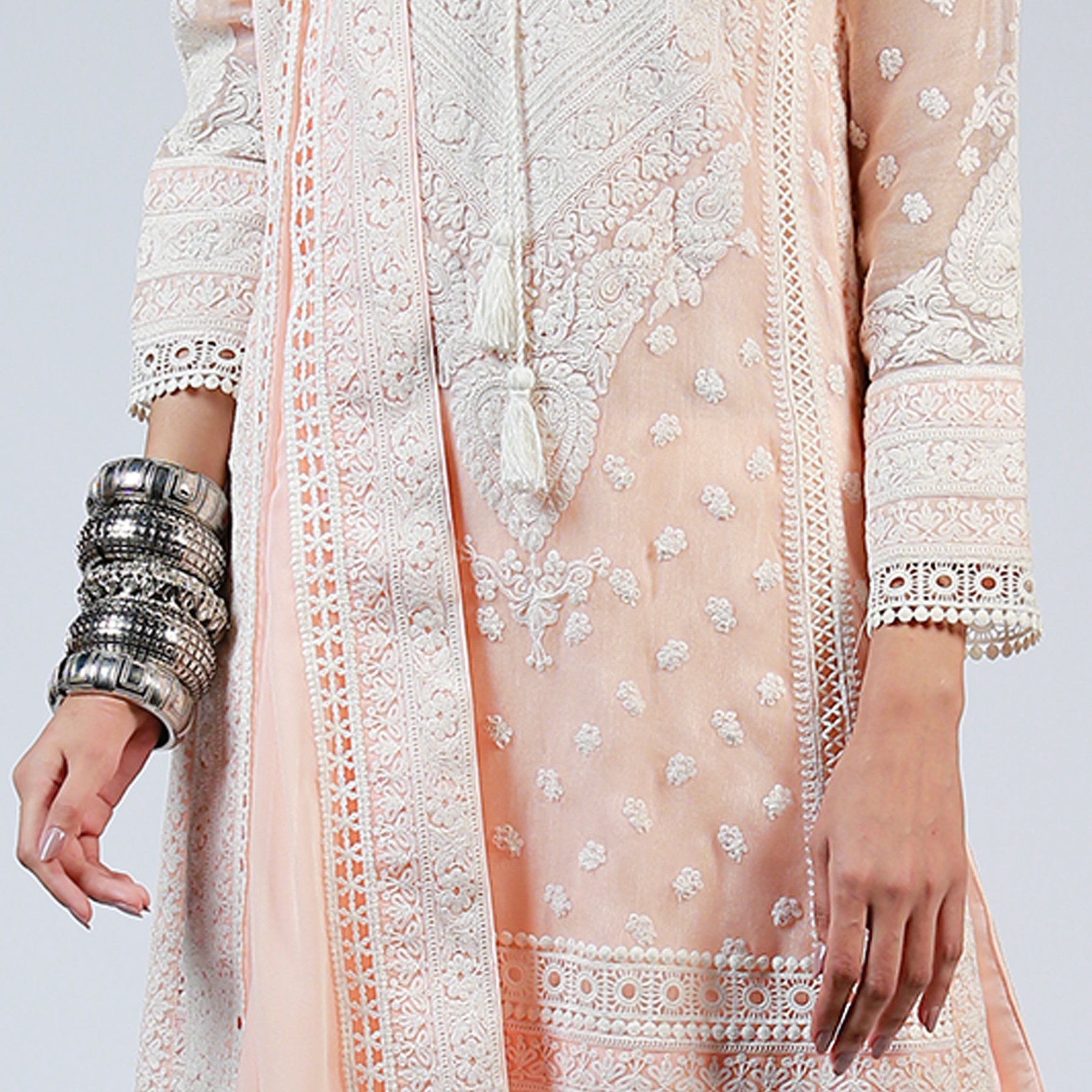 White Marori Embroidered Pink Kali Kurta & Dupatta - Rizwan Beyg Design